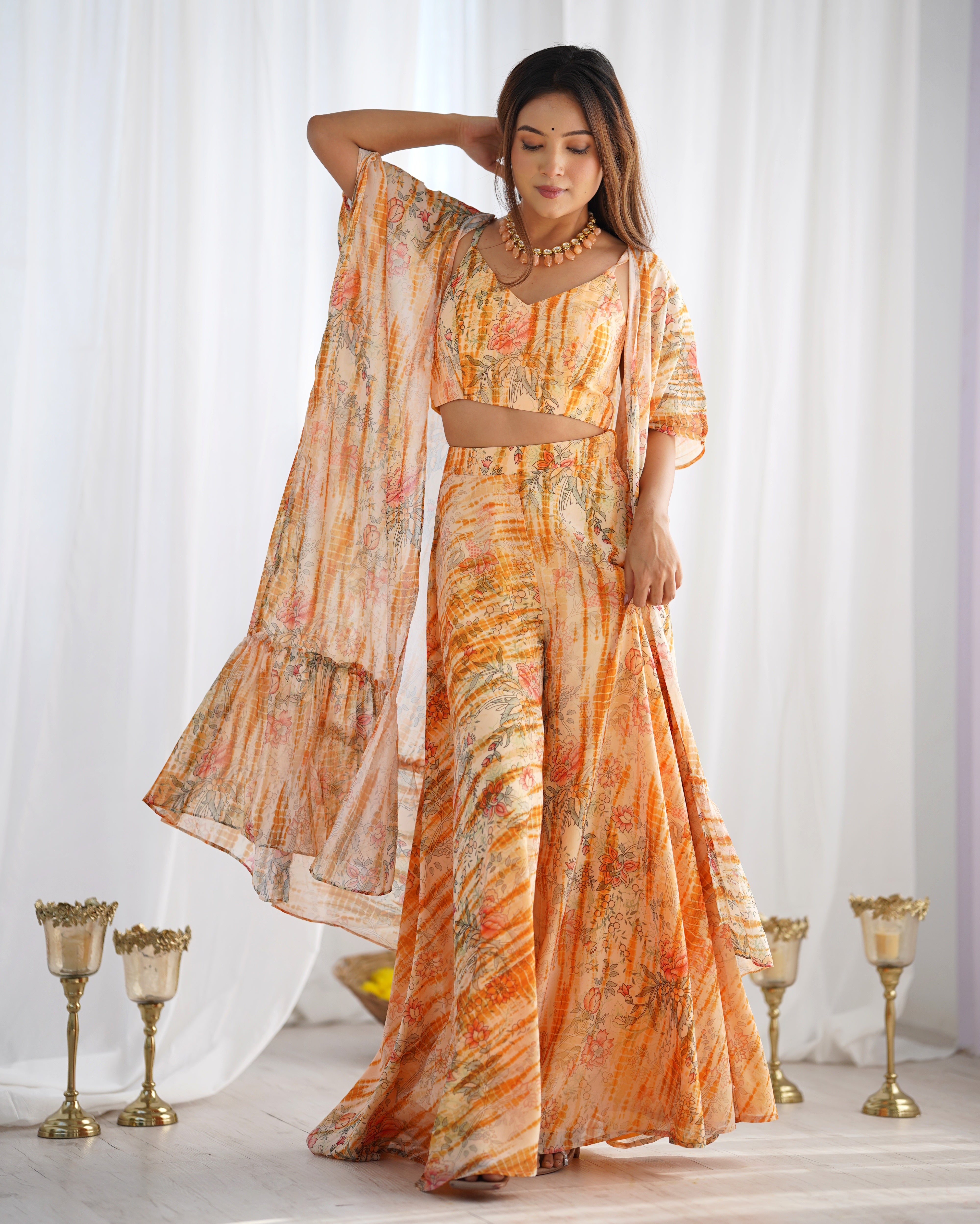 Floral Printed Fox Georgette Indo Western Shrug Set with Crop Top and Palazzo