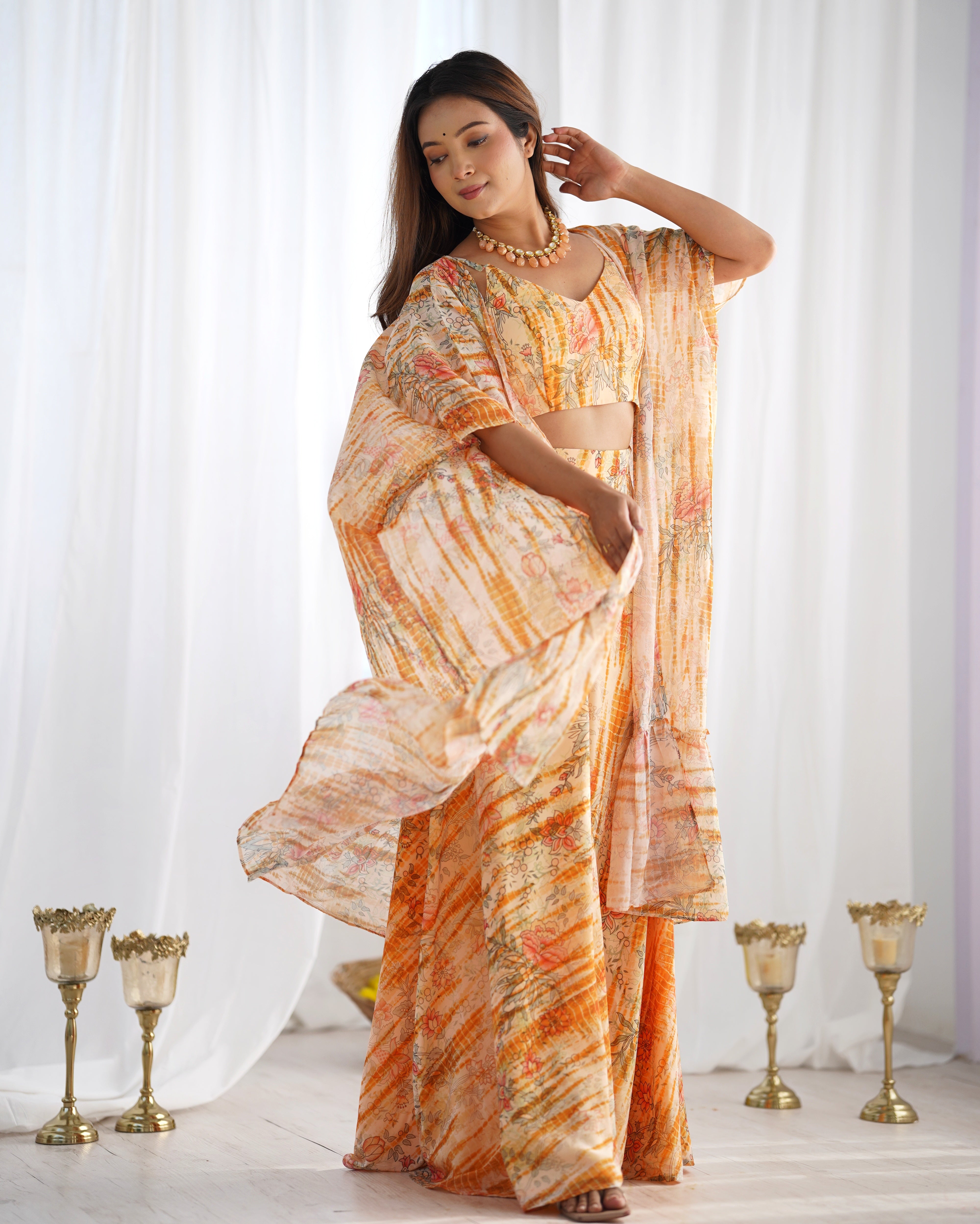 Floral Printed Fox Georgette Indo Western Shrug Set with Crop Top and Palazzo