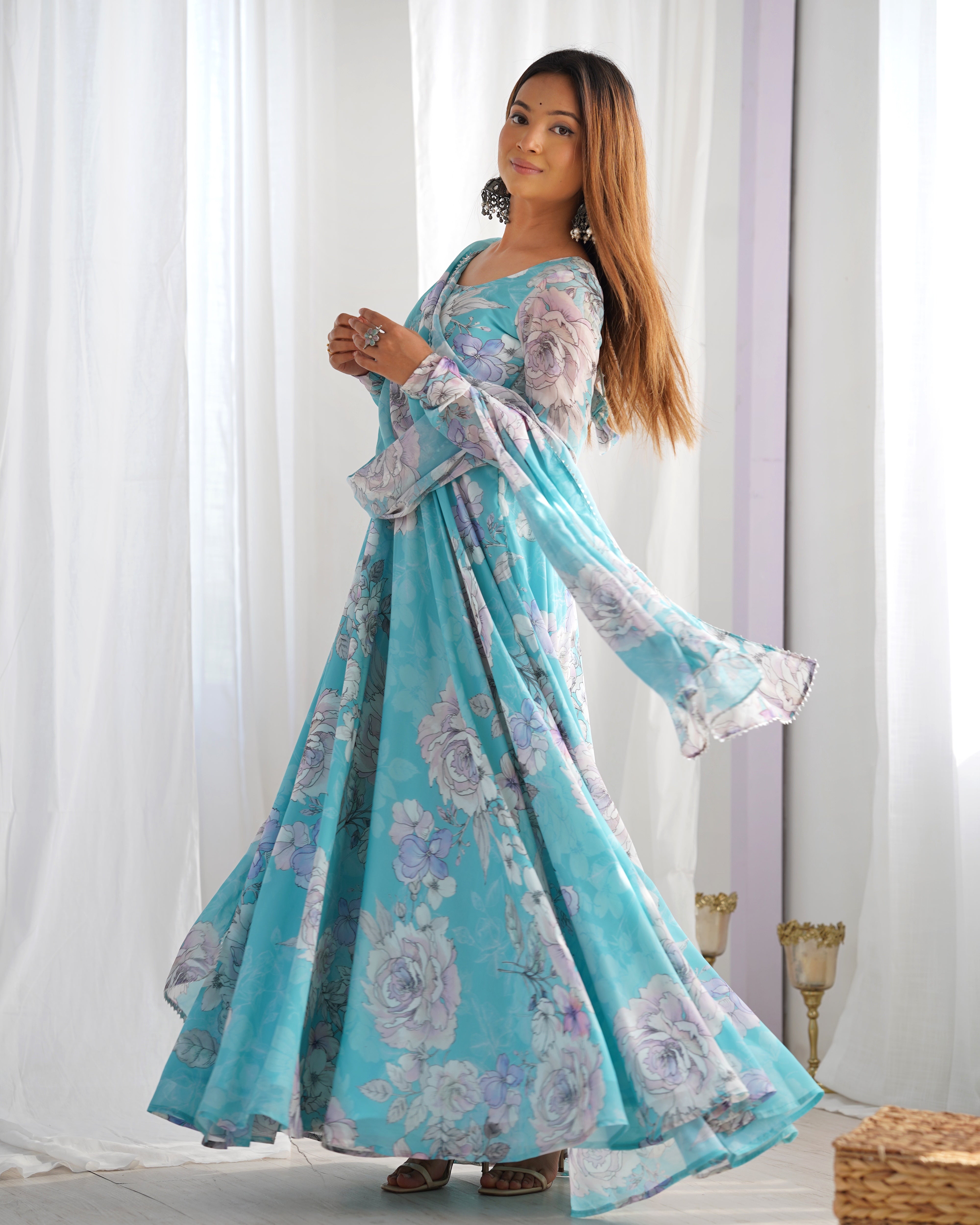 Women's Pure Fox Georgette Floral Print Anarkali Gown with Printed Dupatta Set