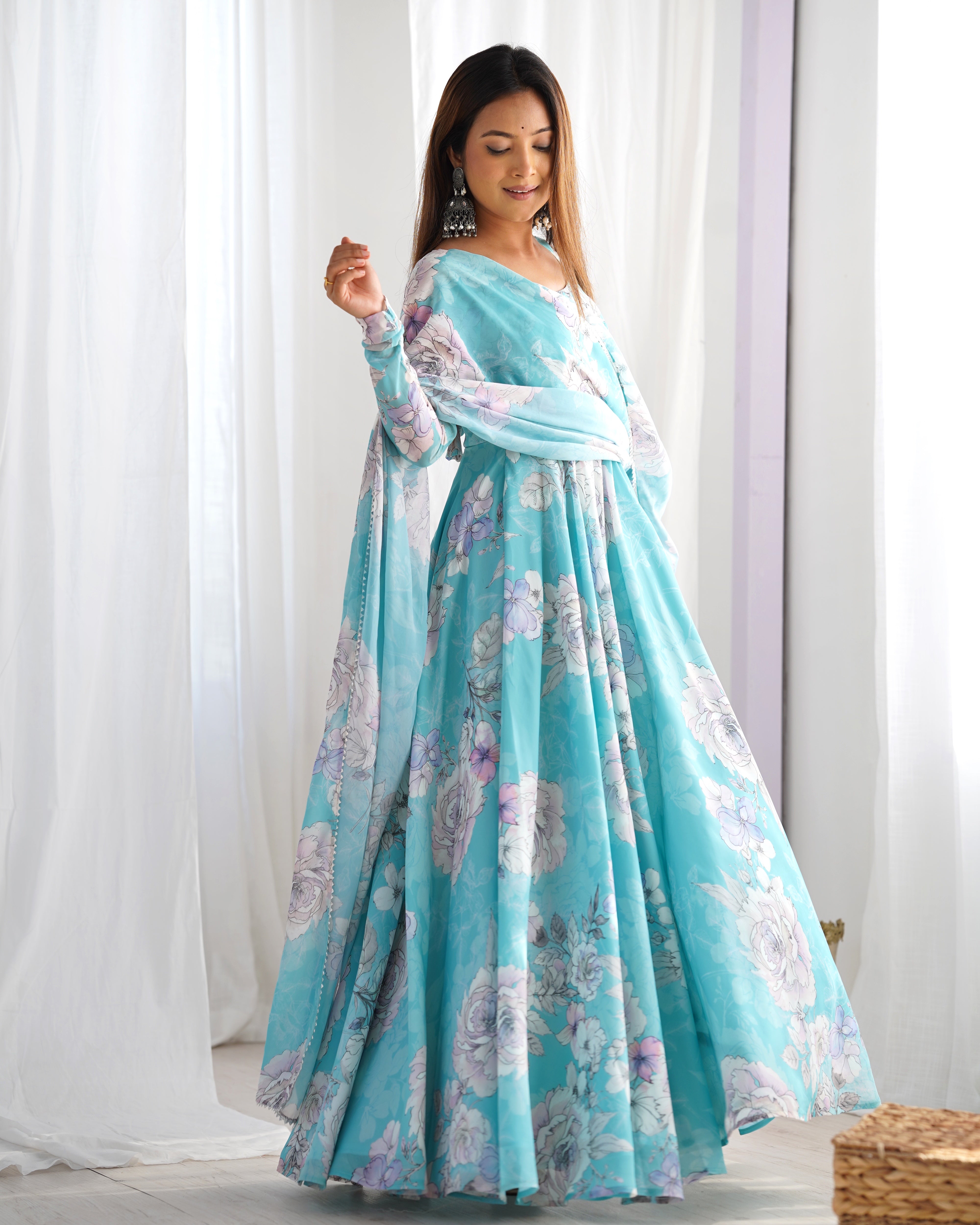 Women's Pure Fox Georgette Floral Print Anarkali Gown with Printed Dupatta Set