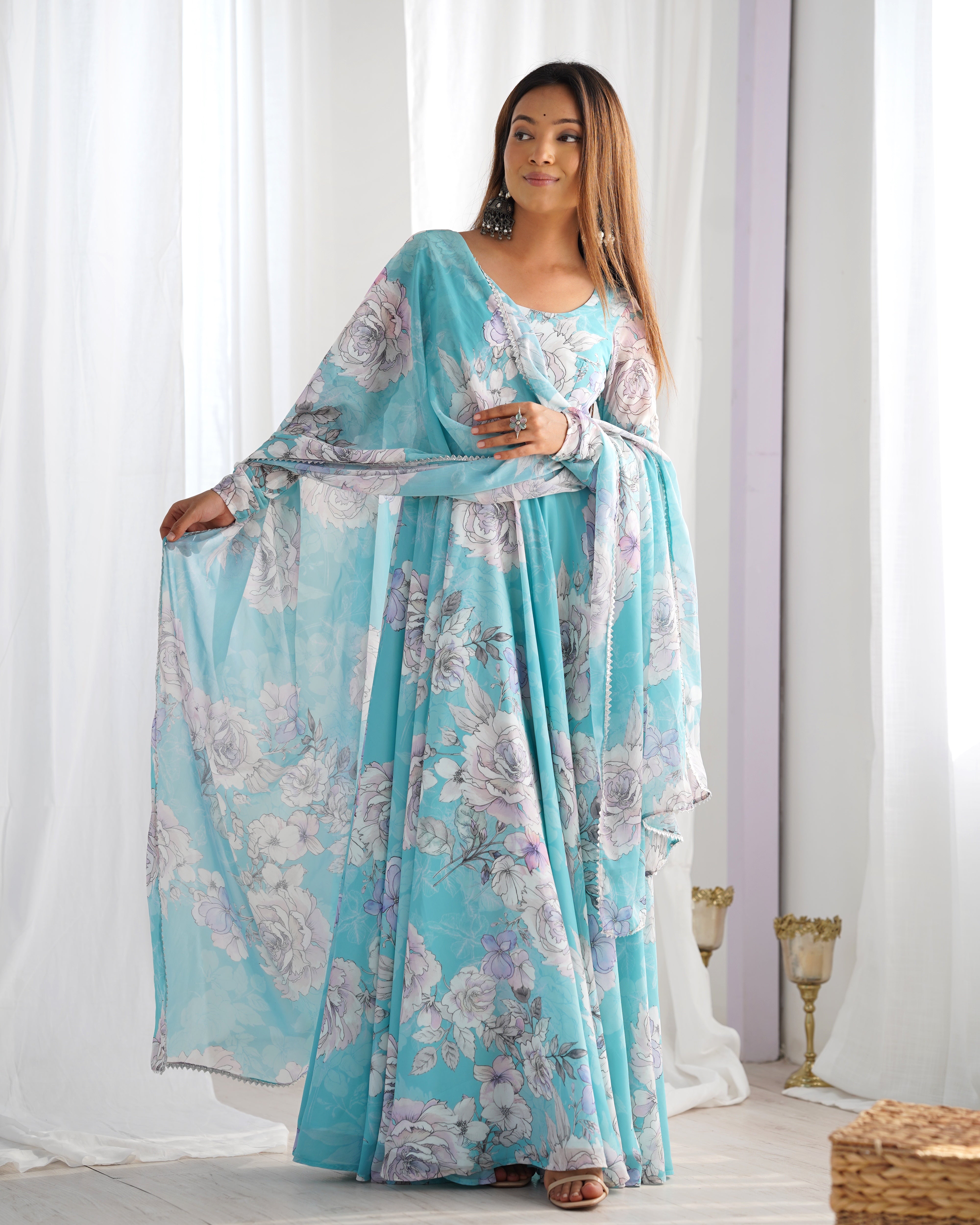 Women's Pure Fox Georgette Floral Print Anarkali Gown with Printed Dupatta Set