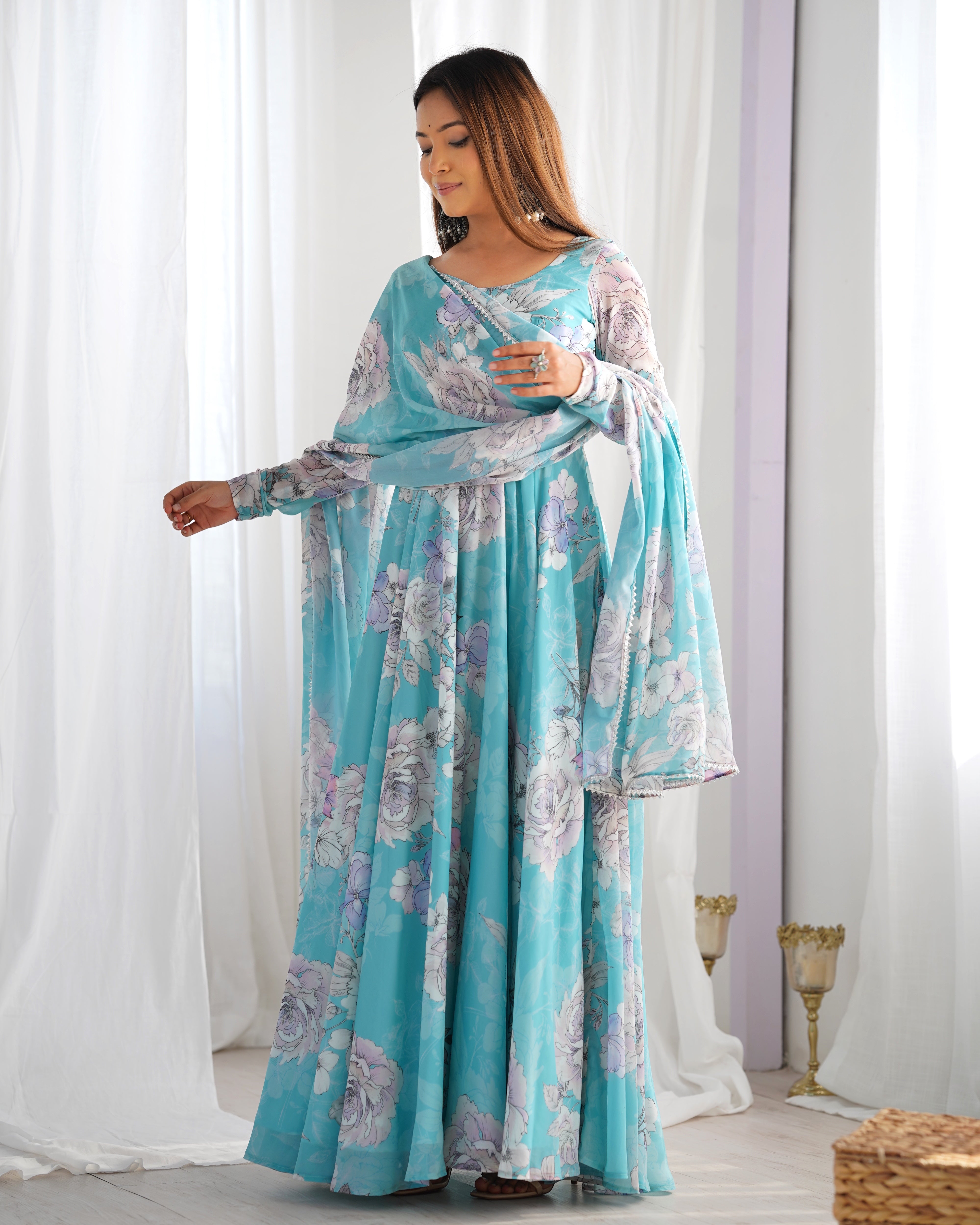 Women's Pure Fox Georgette Floral Print Anarkali Gown with Printed Dupatta Set