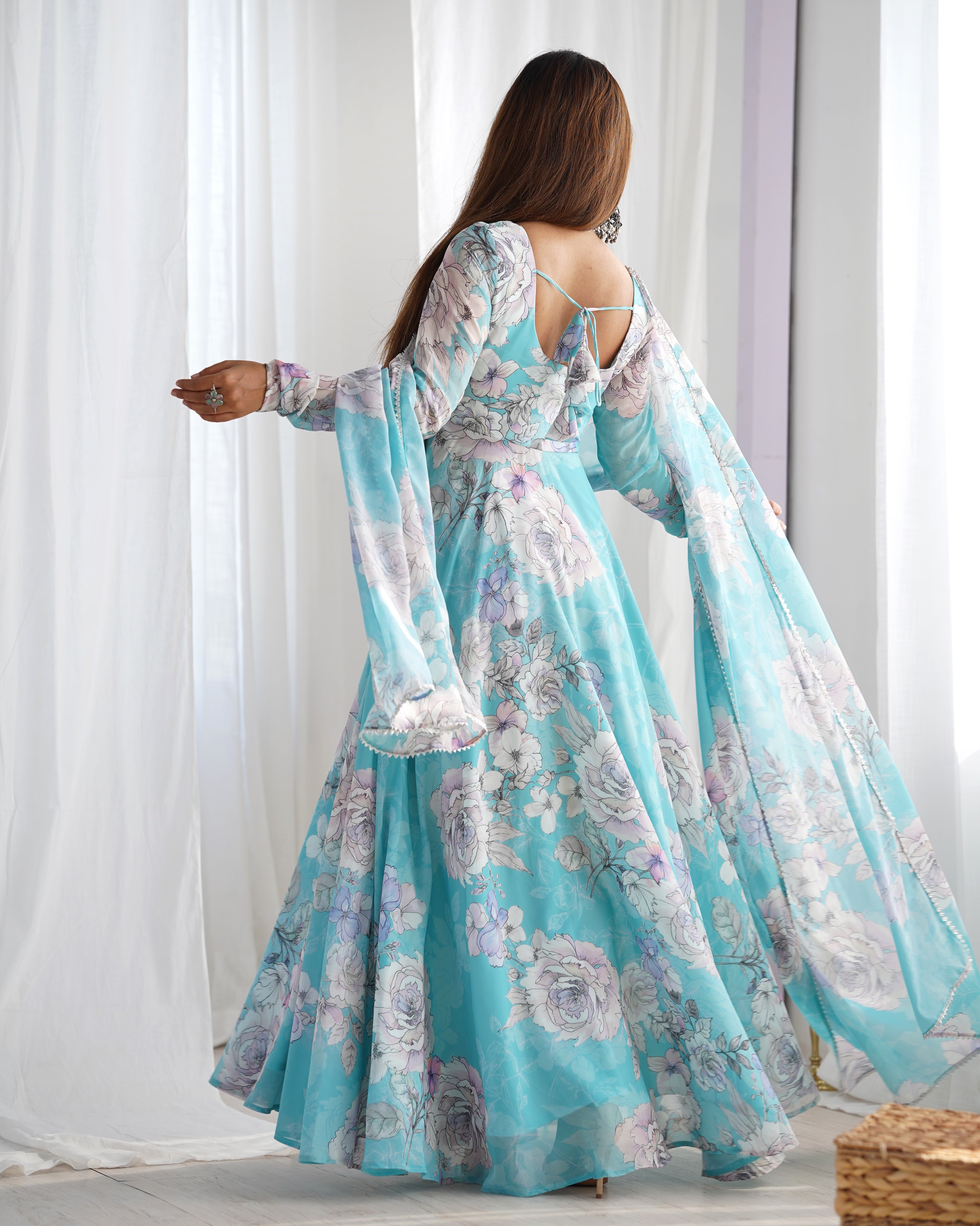 Women's Pure Fox Georgette Floral Print Anarkali Gown with Printed Dupatta Set