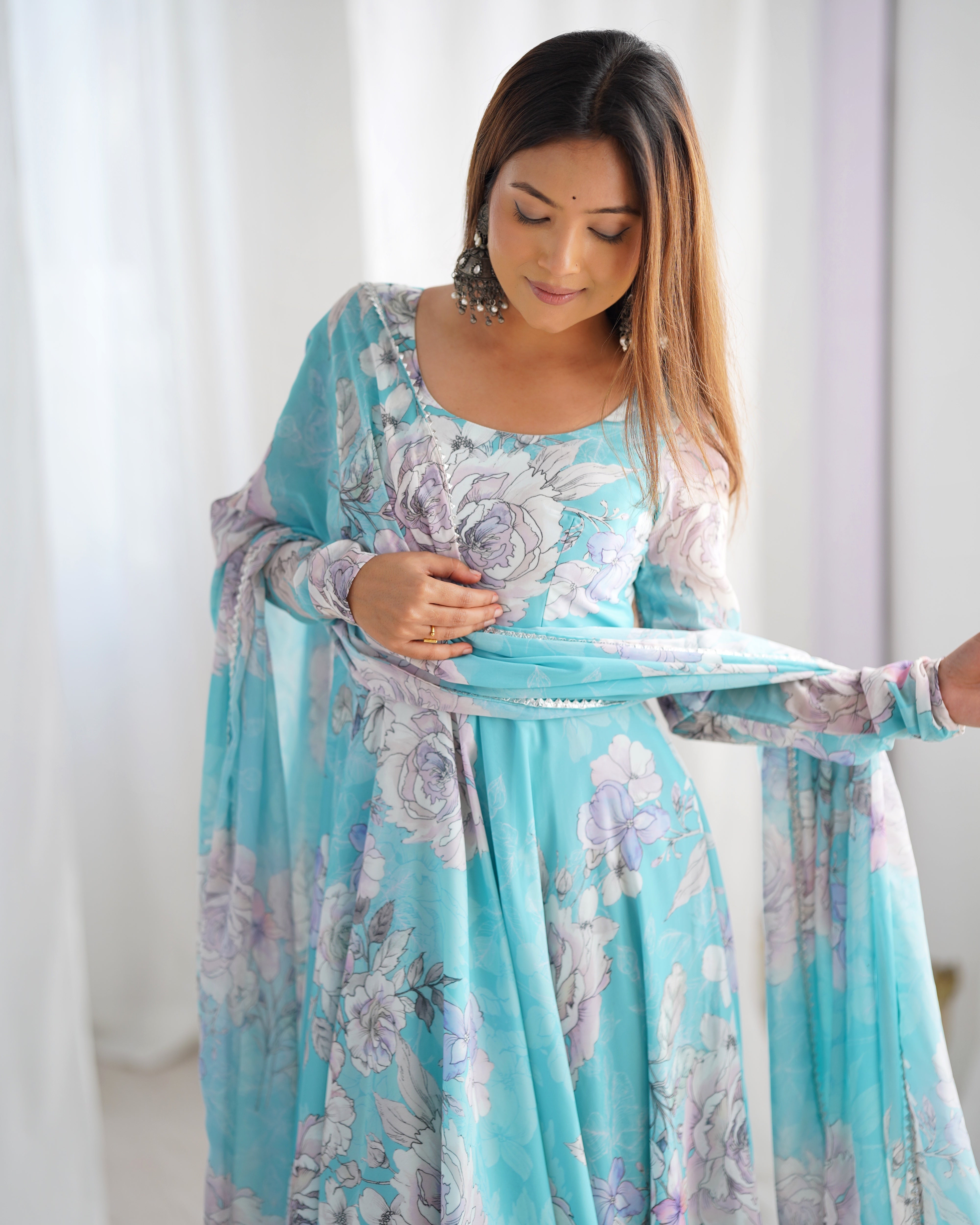 Women's Pure Fox Georgette Floral Print Anarkali Gown with Printed Dupatta Set