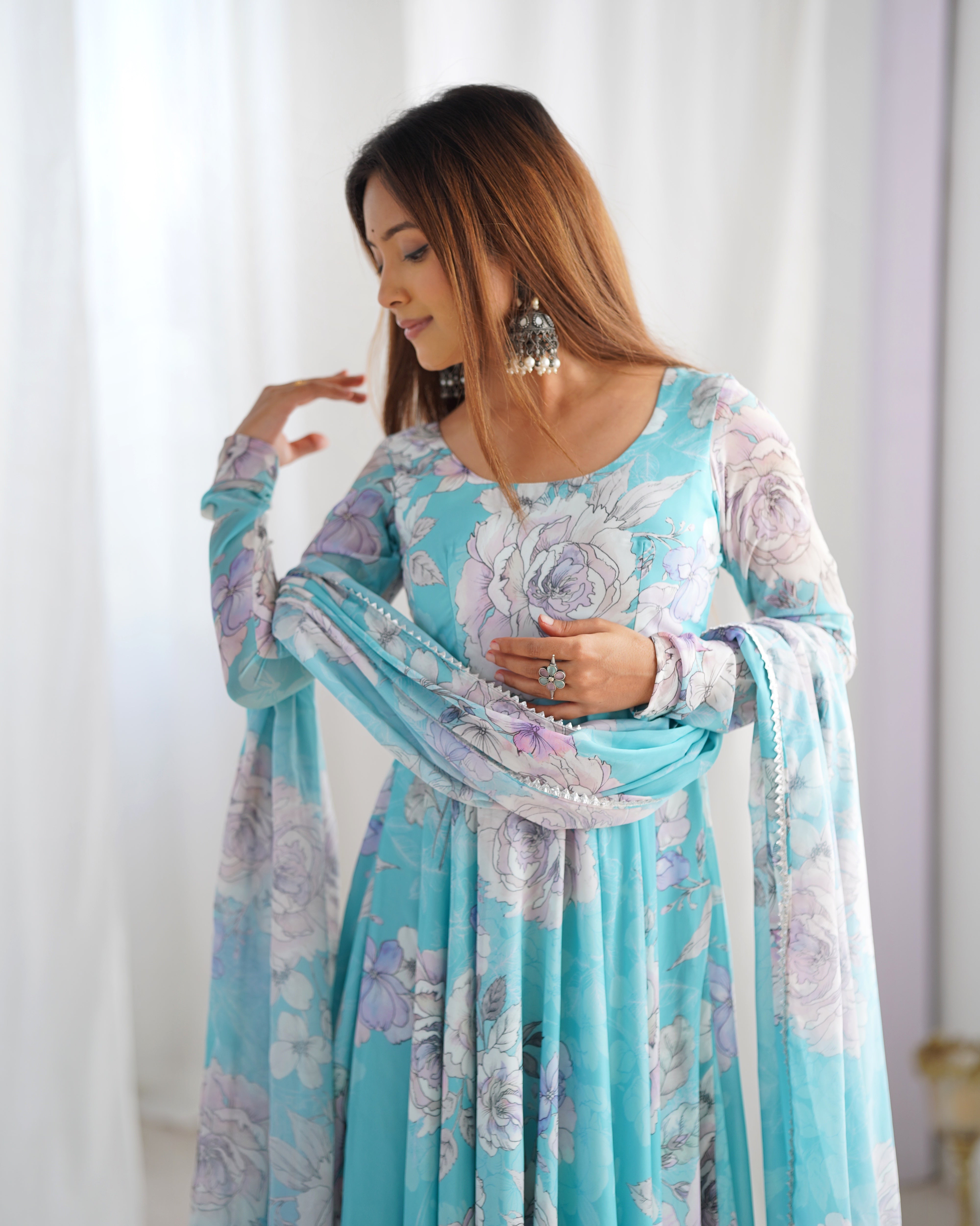 Women's Pure Fox Georgette Floral Print Anarkali Gown with Printed Dupatta Set