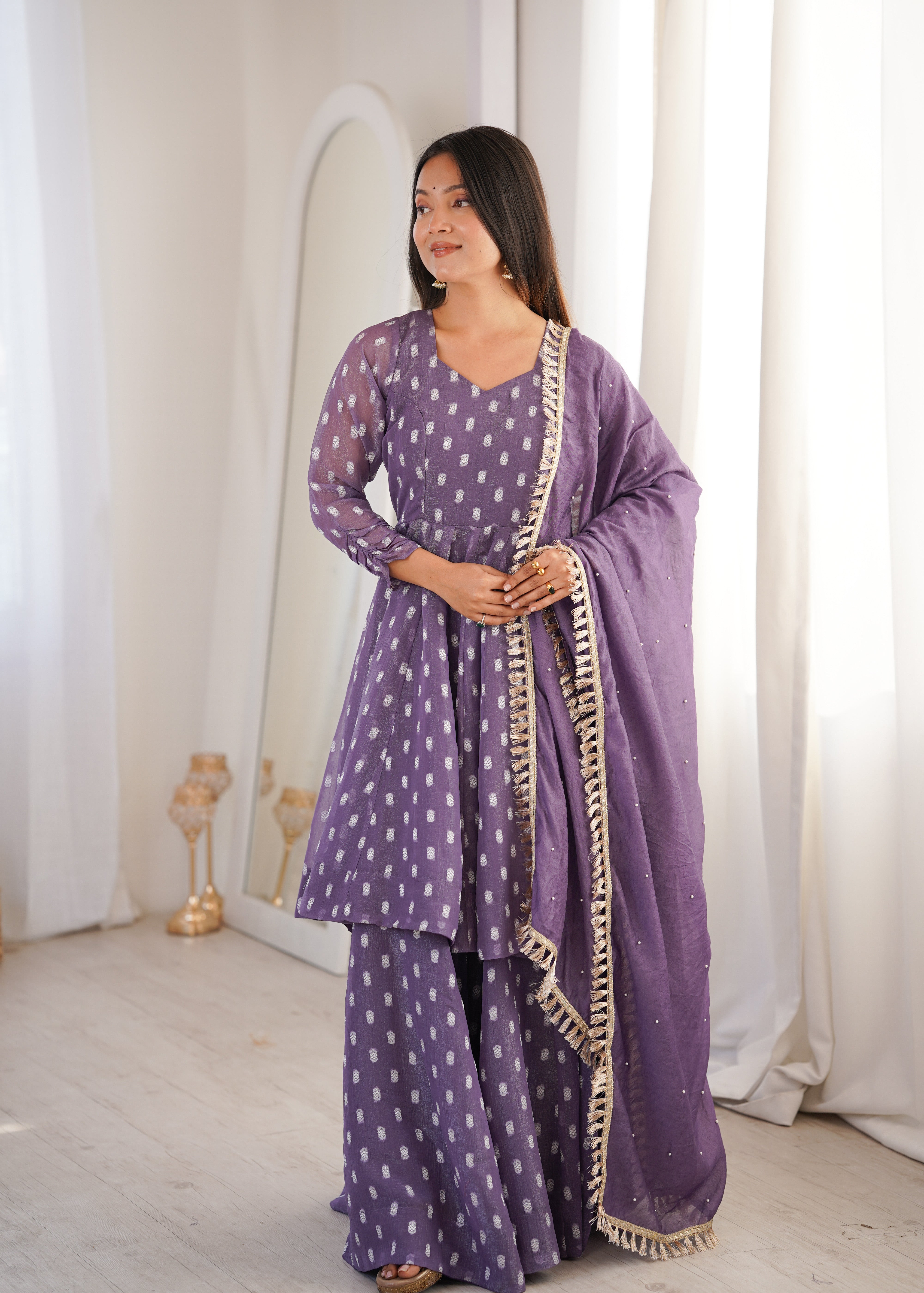 Heavy Crunchy Silk Jacquard Butti Kurta Sharara Palazzo Set with Lace Border Dupatta