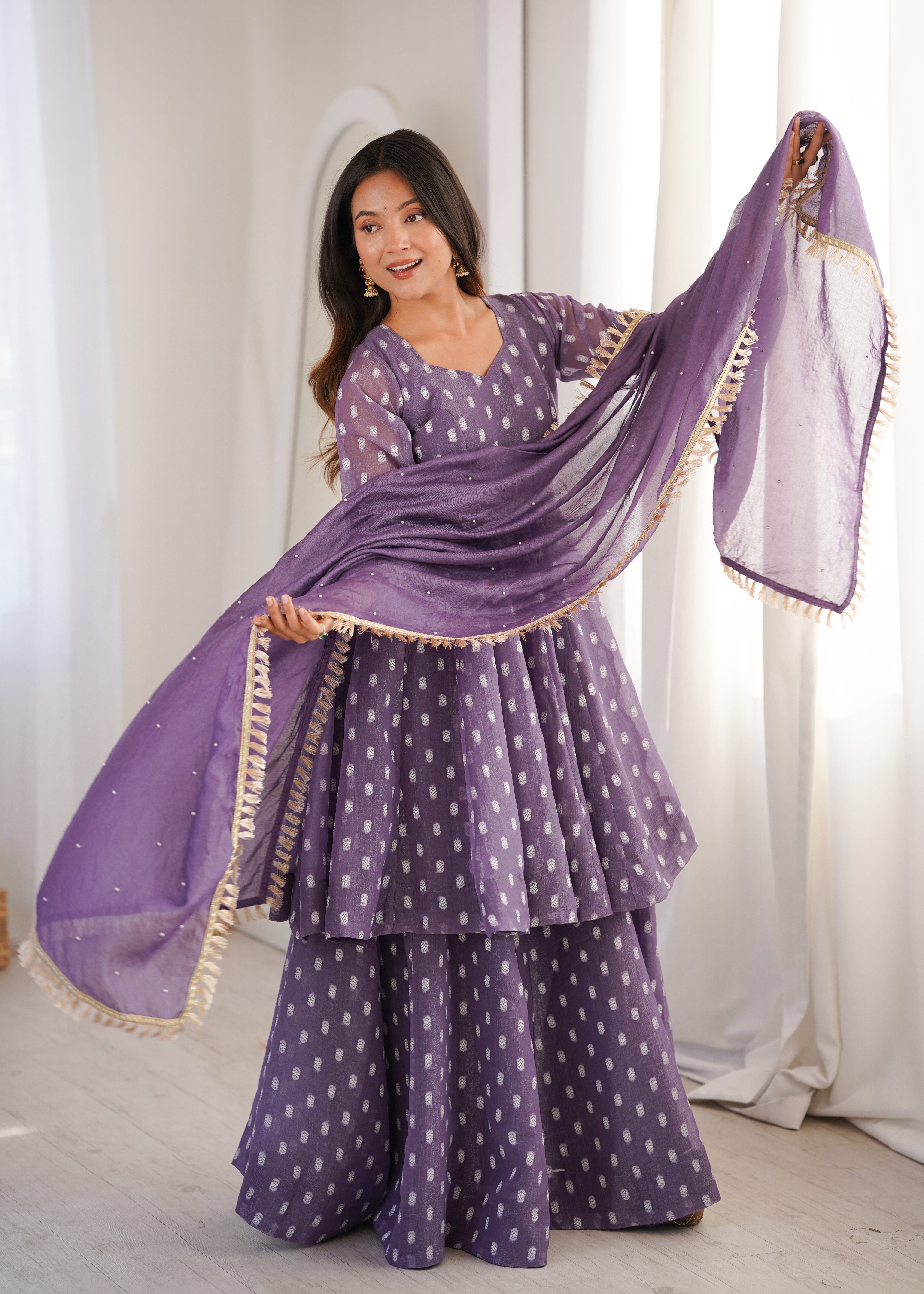 Heavy Crunchy Silk Jacquard Butti Kurta Sharara Palazzo Set with Lace Border Dupatta
