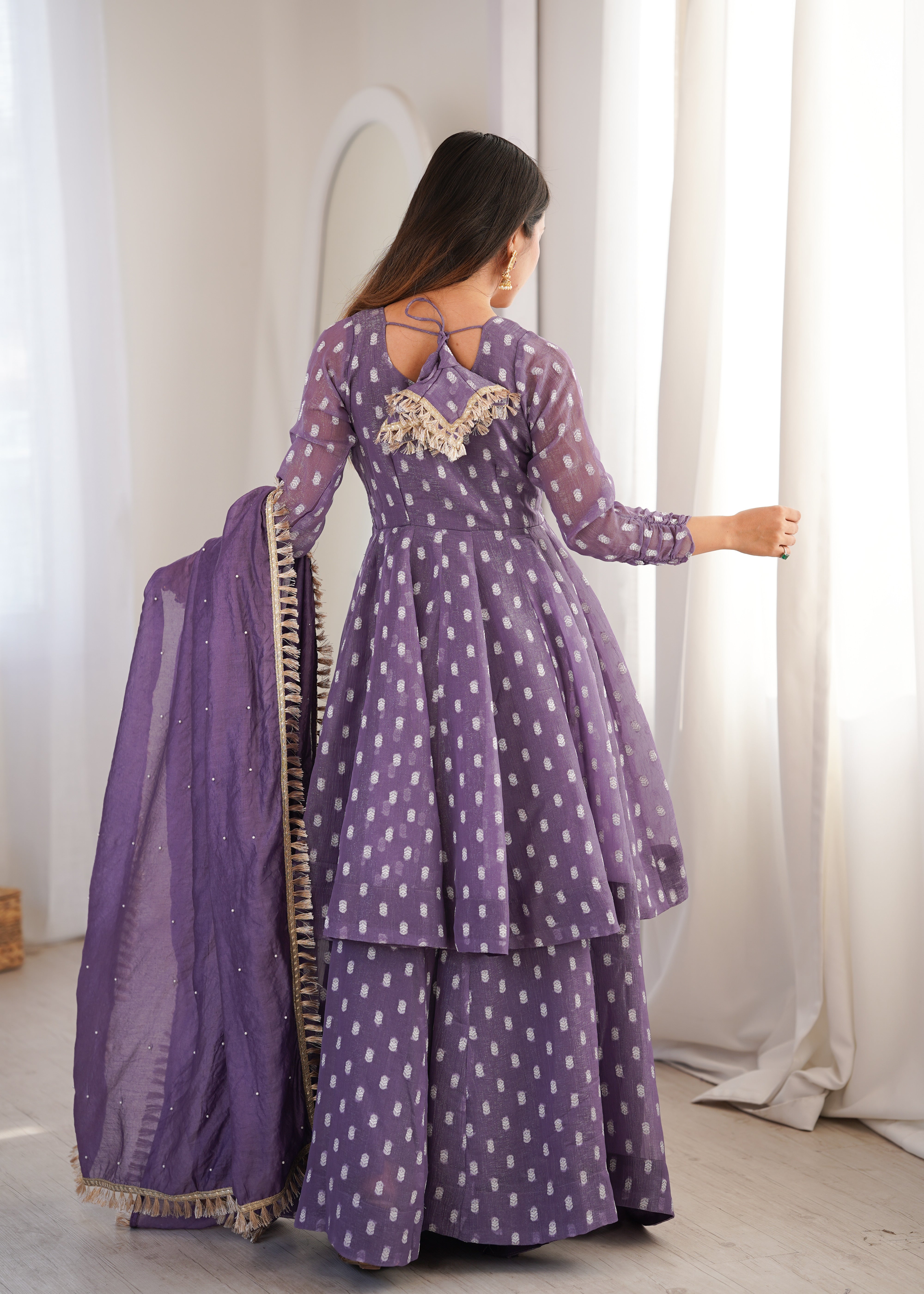 Heavy Crunchy Silk Jacquard Butti Kurta Sharara Palazzo Set with Lace Border Dupatta