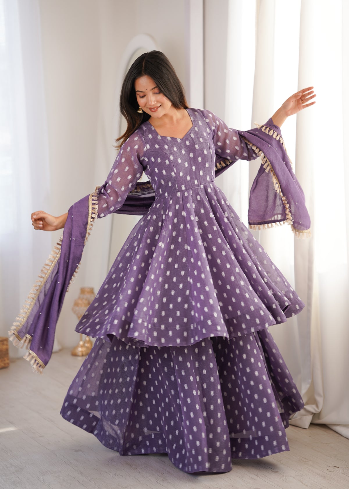 Heavy Crunchy Silk Jacquard Butti Kurta Sharara Palazzo Set with Lace Border Dupatta