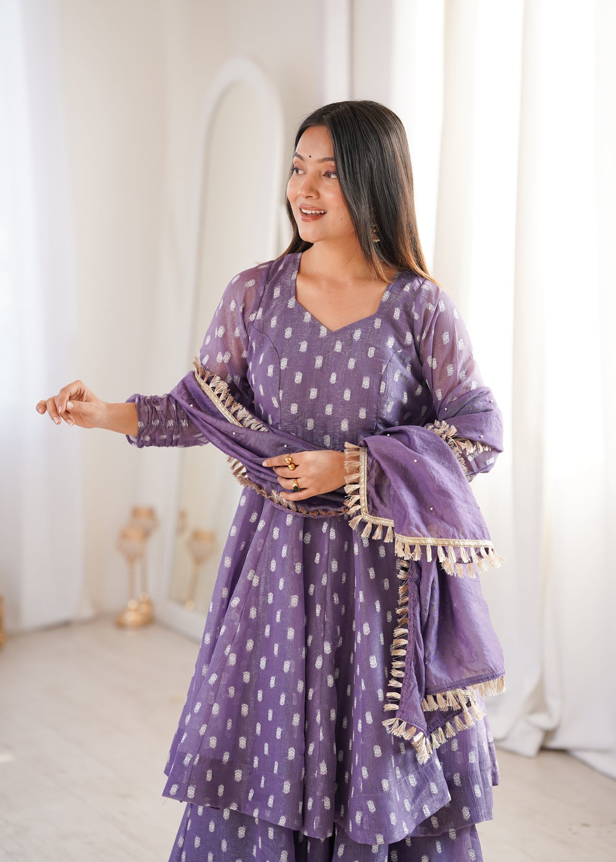 Heavy Crunchy Silk Jacquard Butti Kurta Sharara Palazzo Set with Lace Border Dupatta