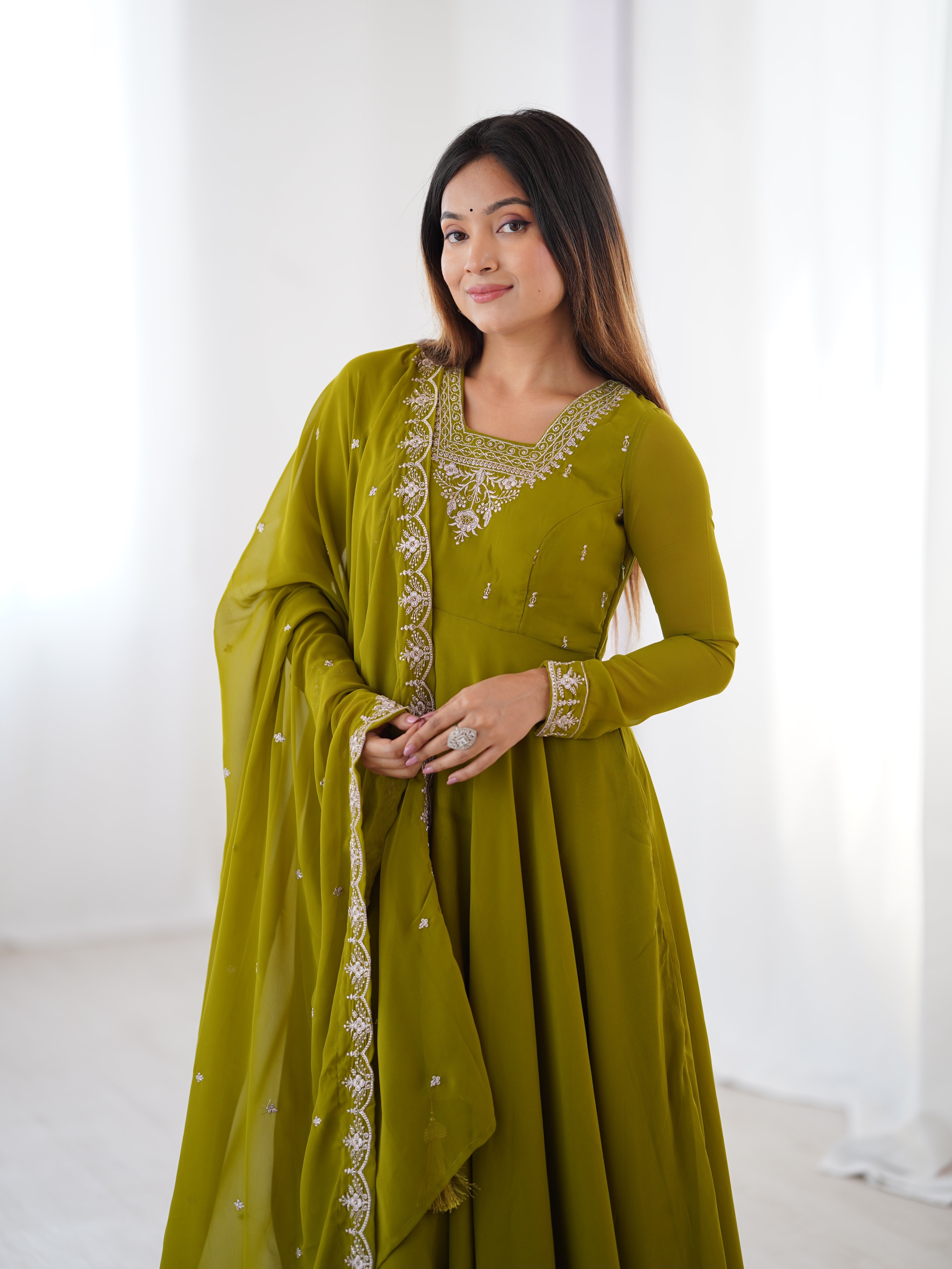Women's Soft Fox Georgette Anarkali Pant Dupatta Set with Beads and Zari Work