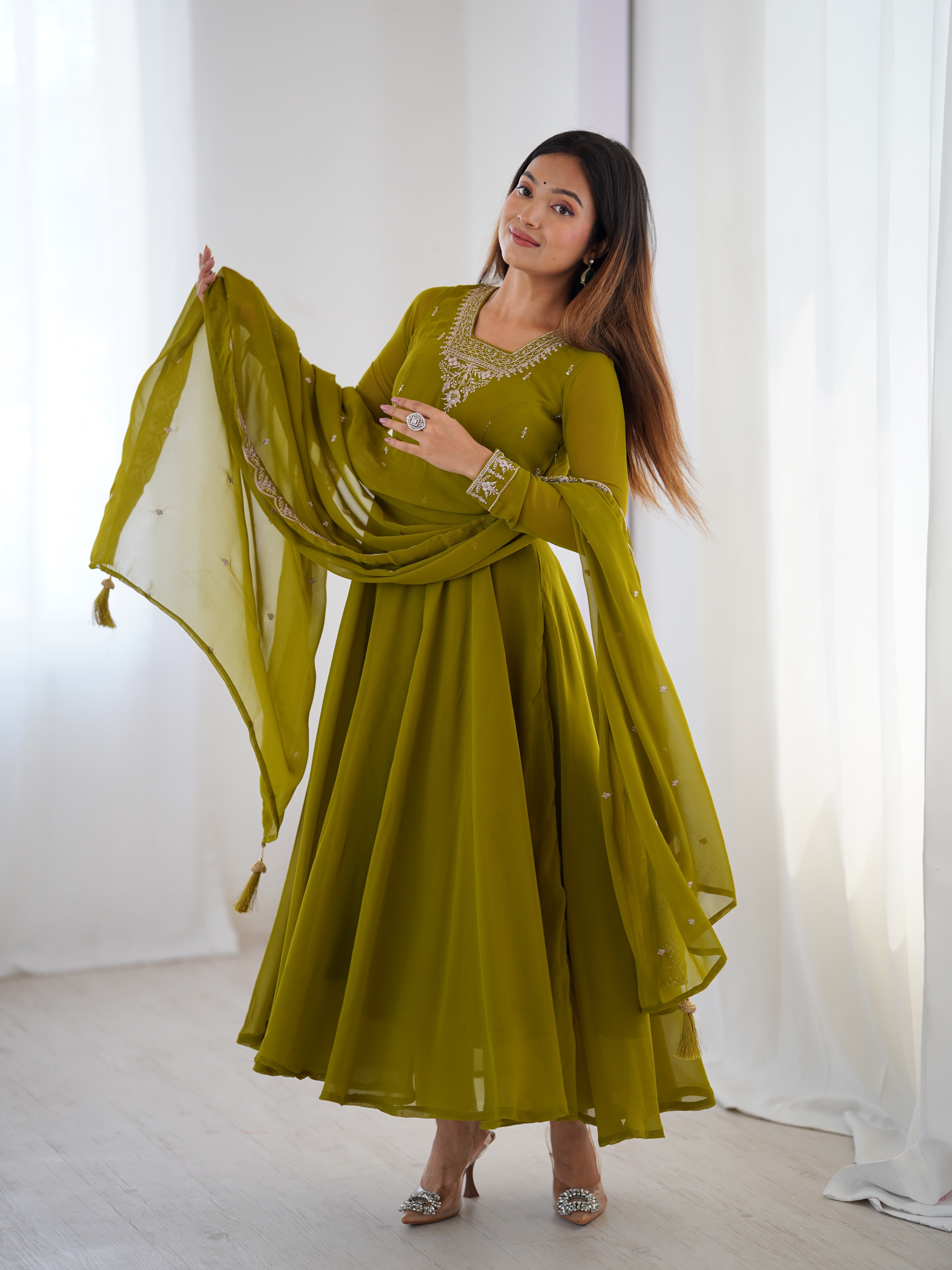 Women's Soft Fox Georgette Anarkali Pant Dupatta Set with Beads and Zari Work