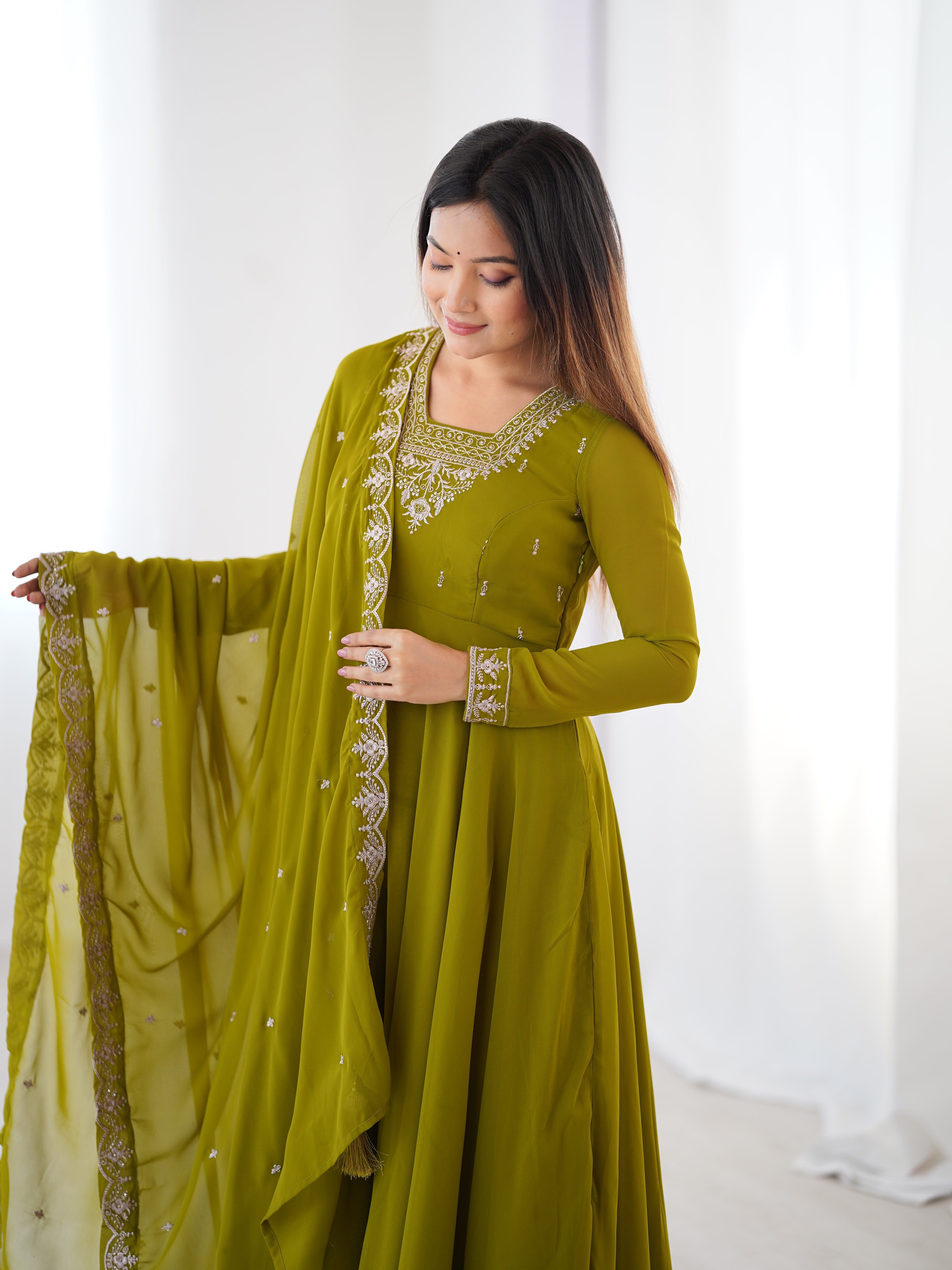 Women's Soft Fox Georgette Anarkali Pant Dupatta Set with Beads and Zari Work