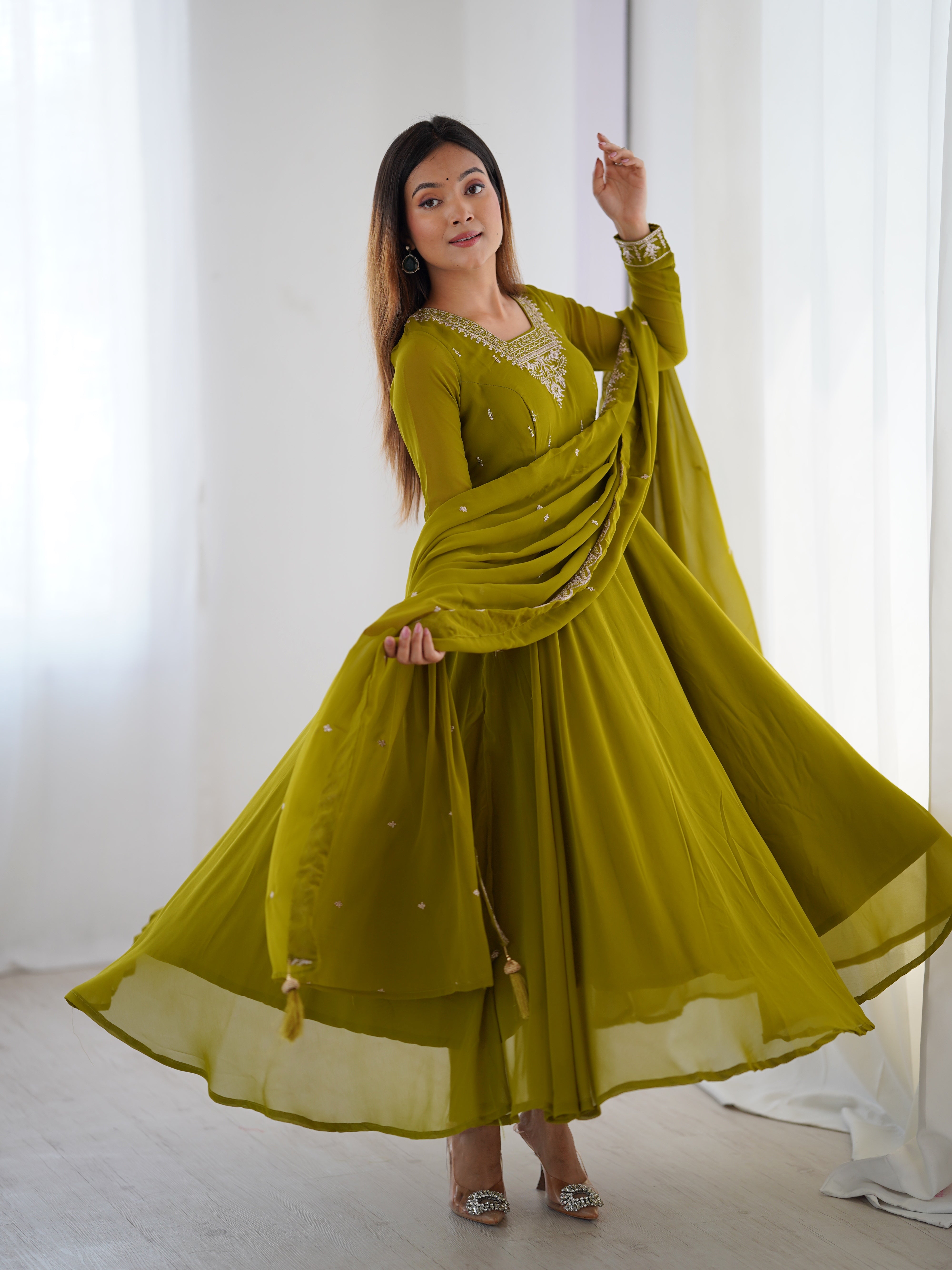 Women's Soft Fox Georgette Anarkali Pant Dupatta Set with Beads and Zari Work