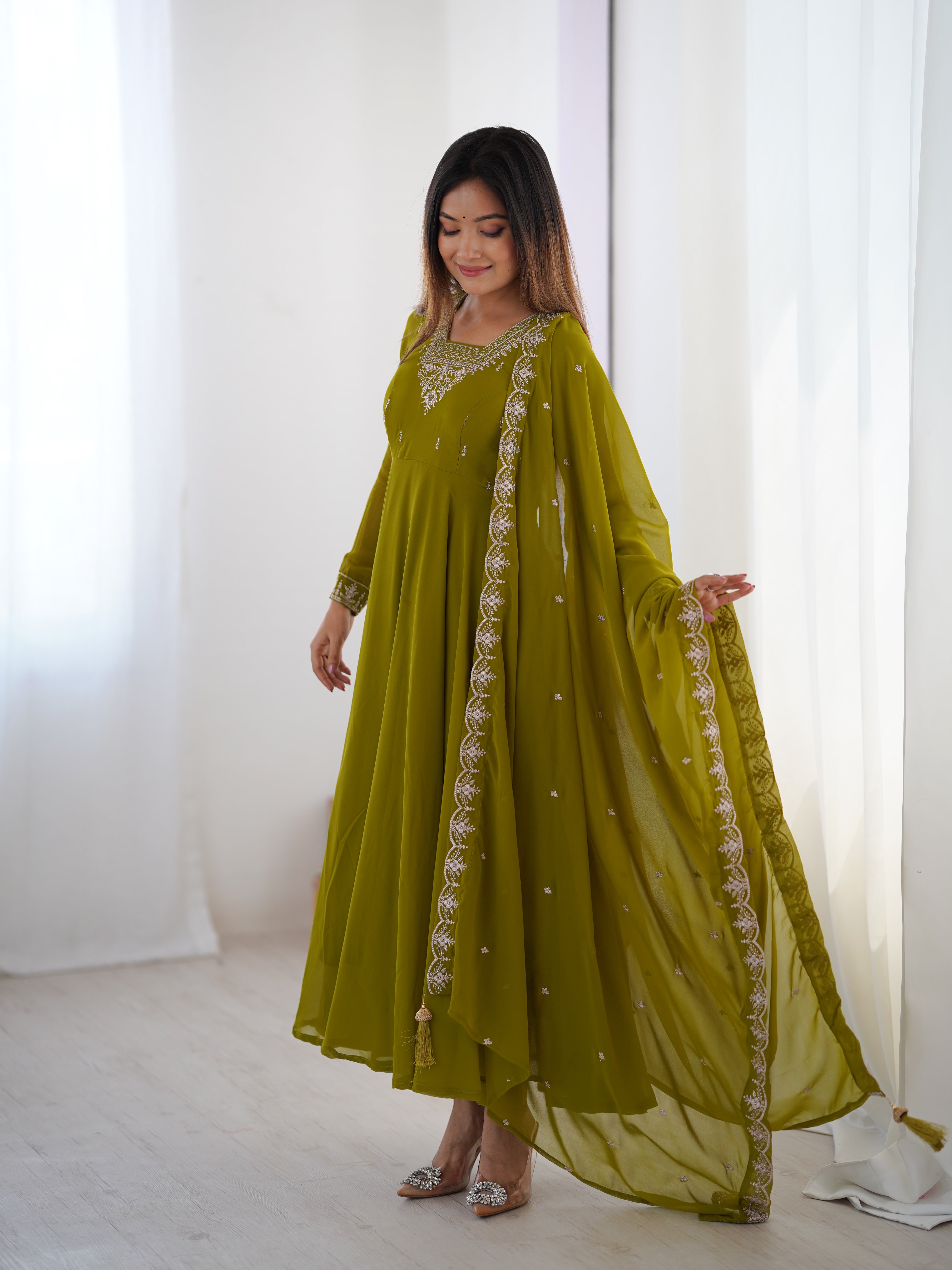 Women's Soft Fox Georgette Anarkali Pant Dupatta Set with Beads and Zari Work