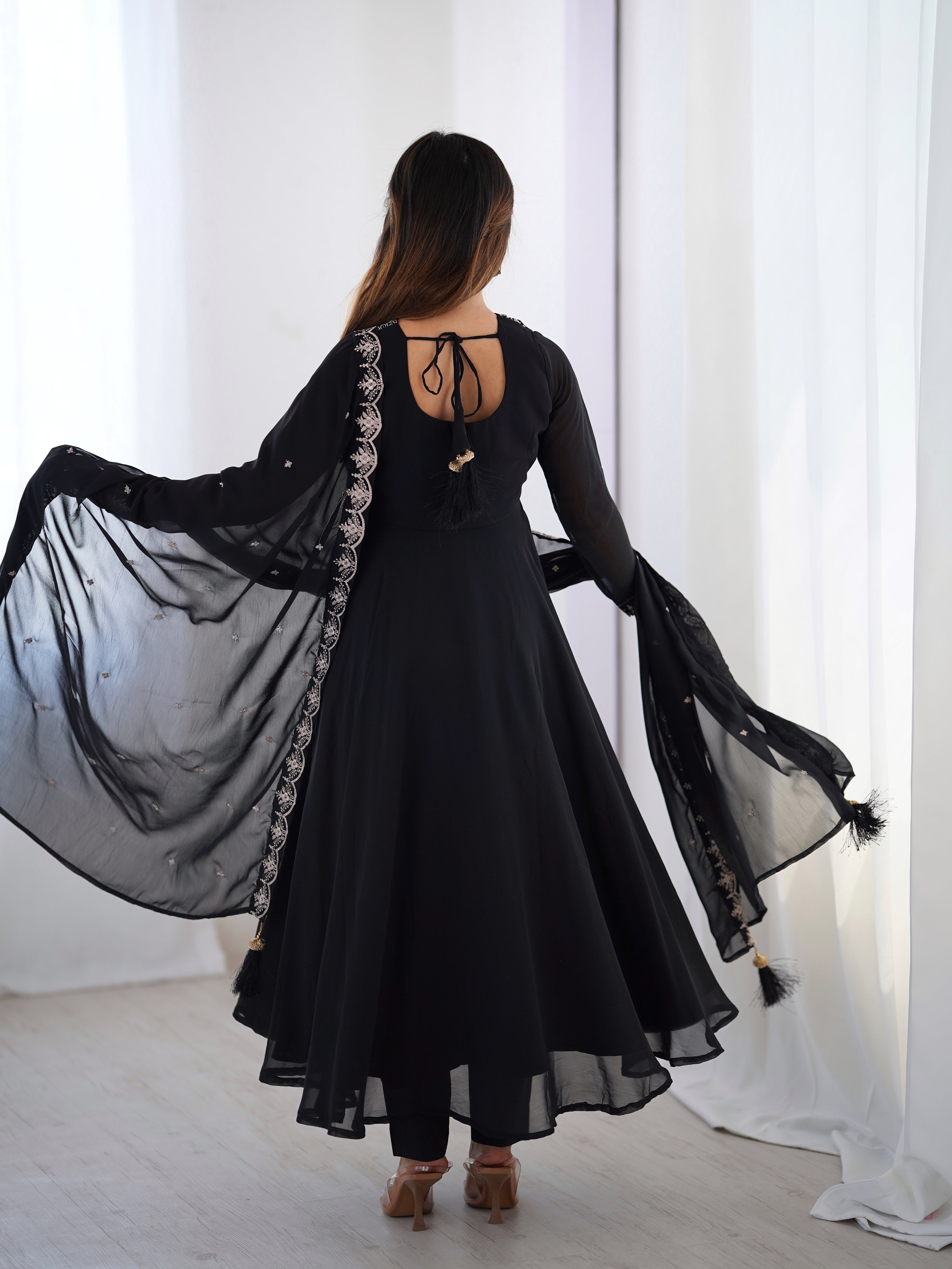Women's Soft Fox Georgette Anarkali Pant Dupatta Set with Beads and Zari Work