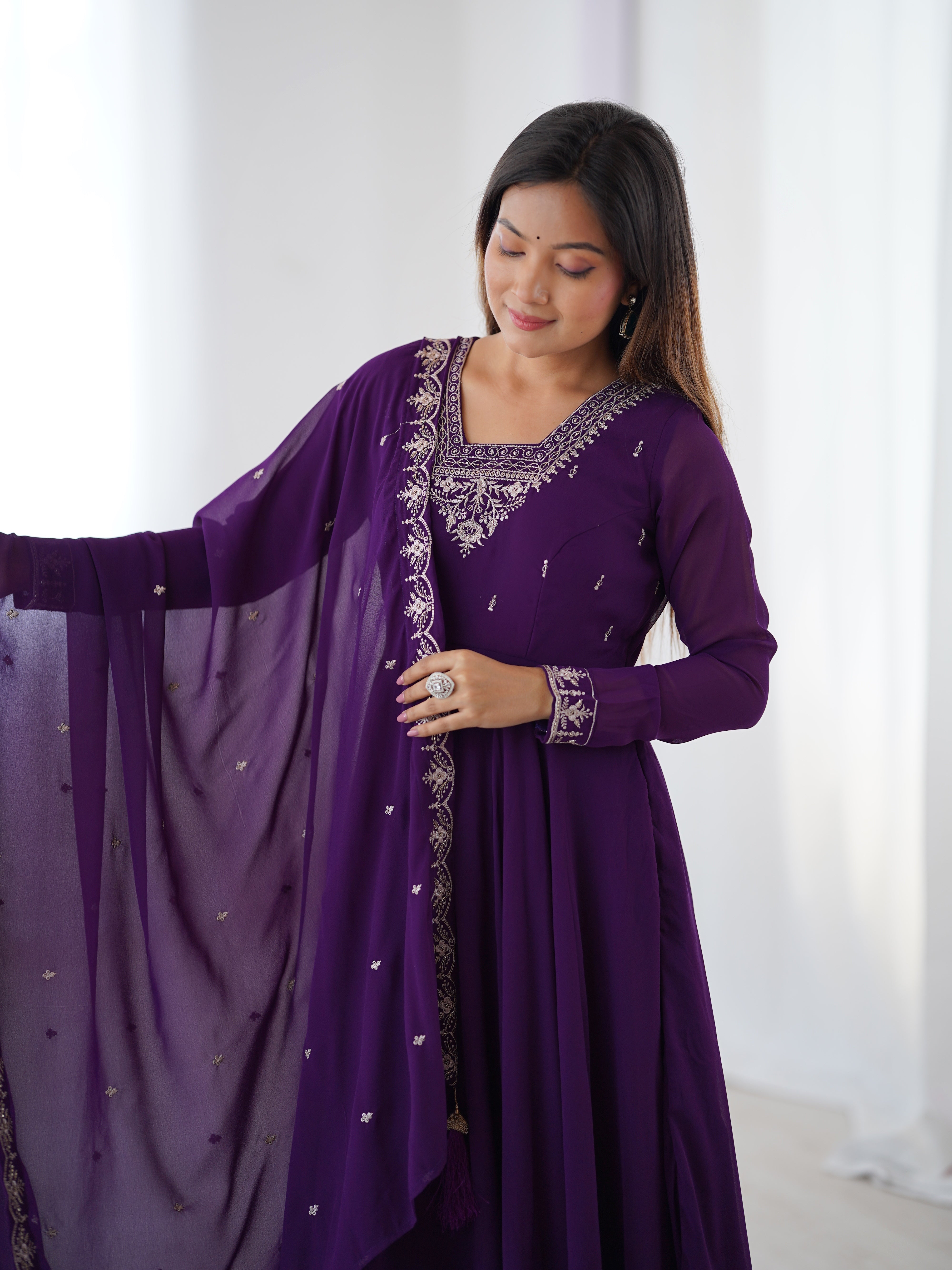 Women's Soft Fox Georgette Anarkali Pant Dupatta Set with Beads and Zari Work