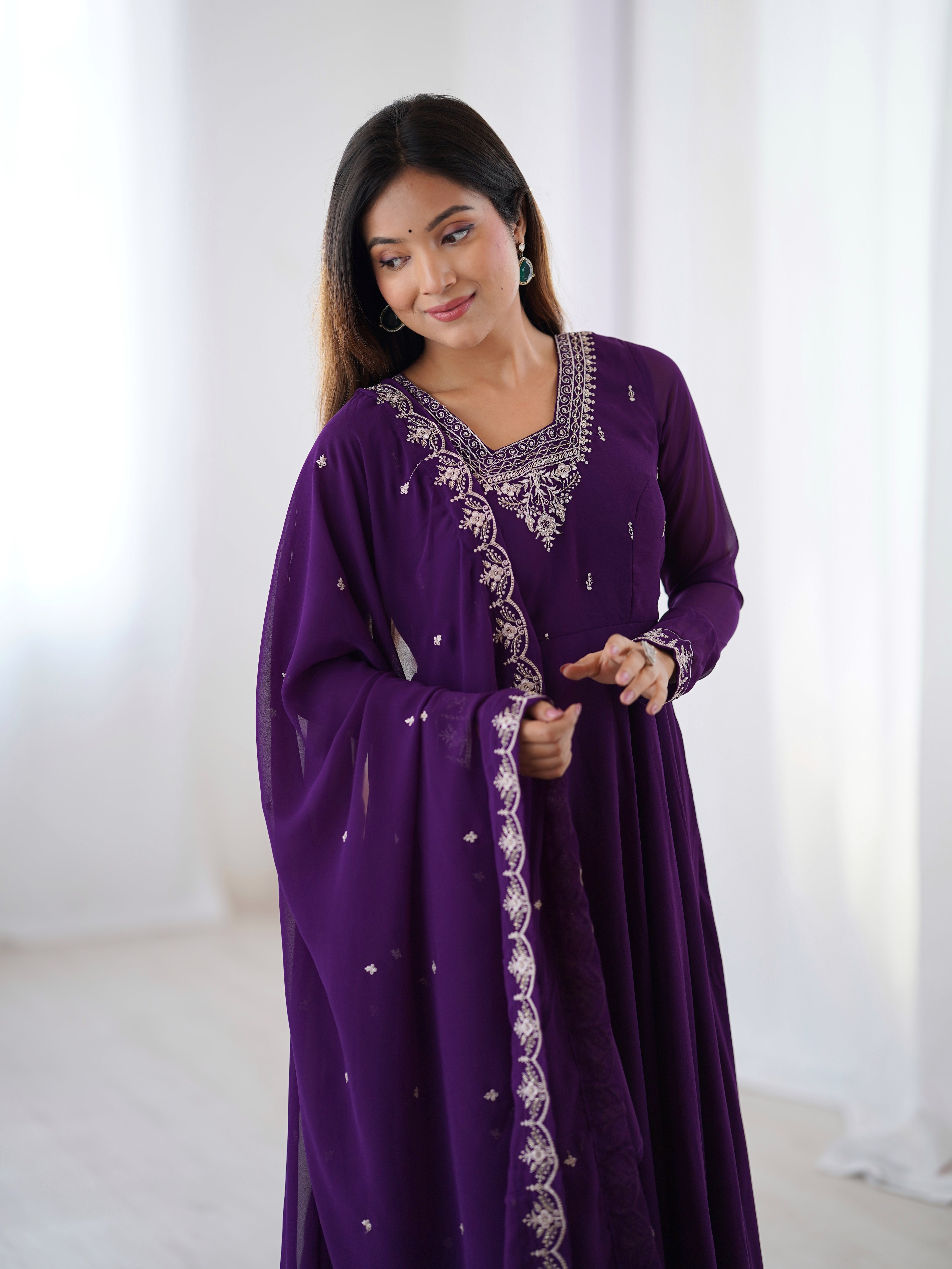 Women's Soft Fox Georgette Anarkali Pant Dupatta Set with Beads and Zari Work