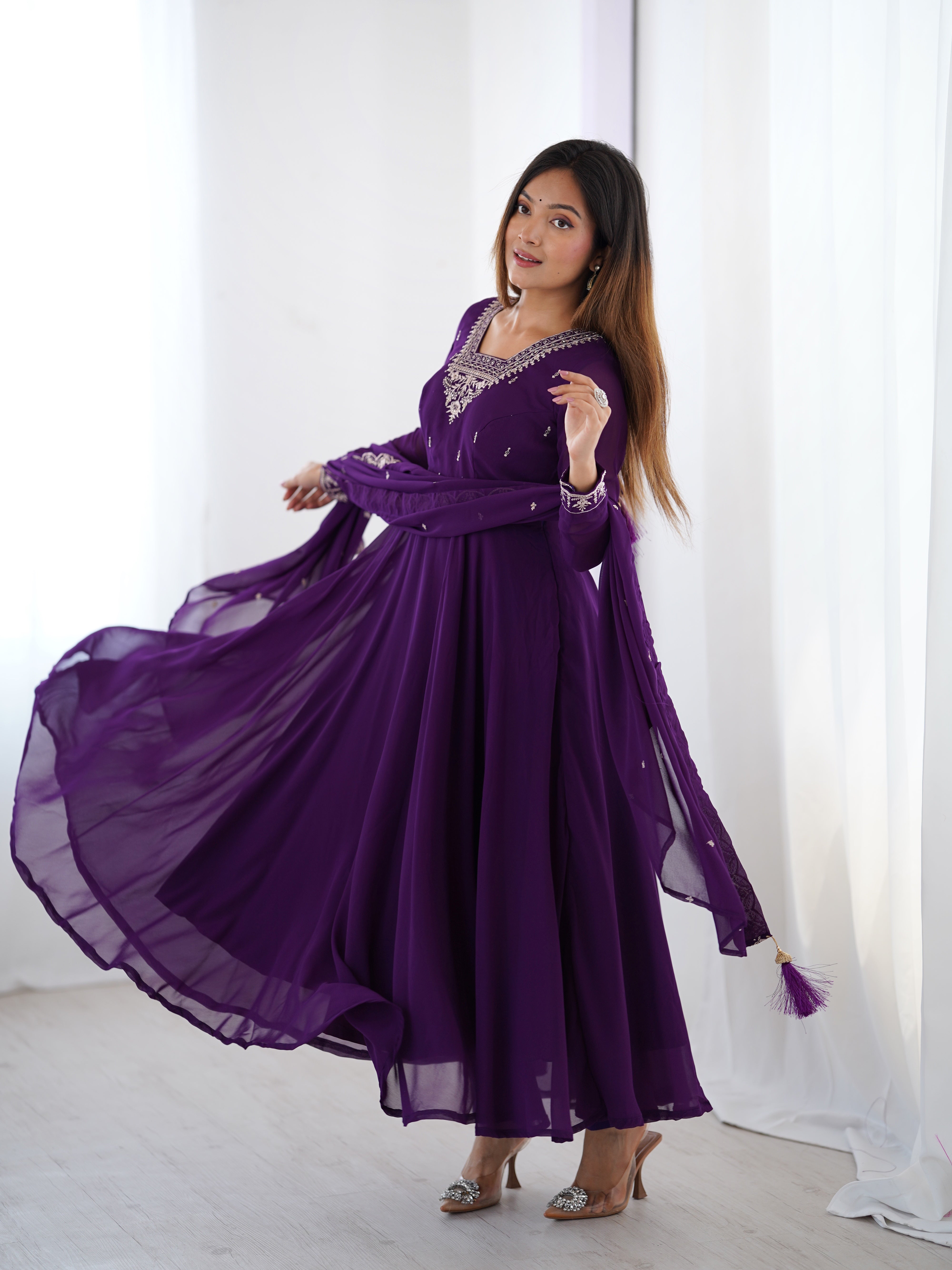 Women's Soft Fox Georgette Anarkali Pant Dupatta Set with Beads and Zari Work
