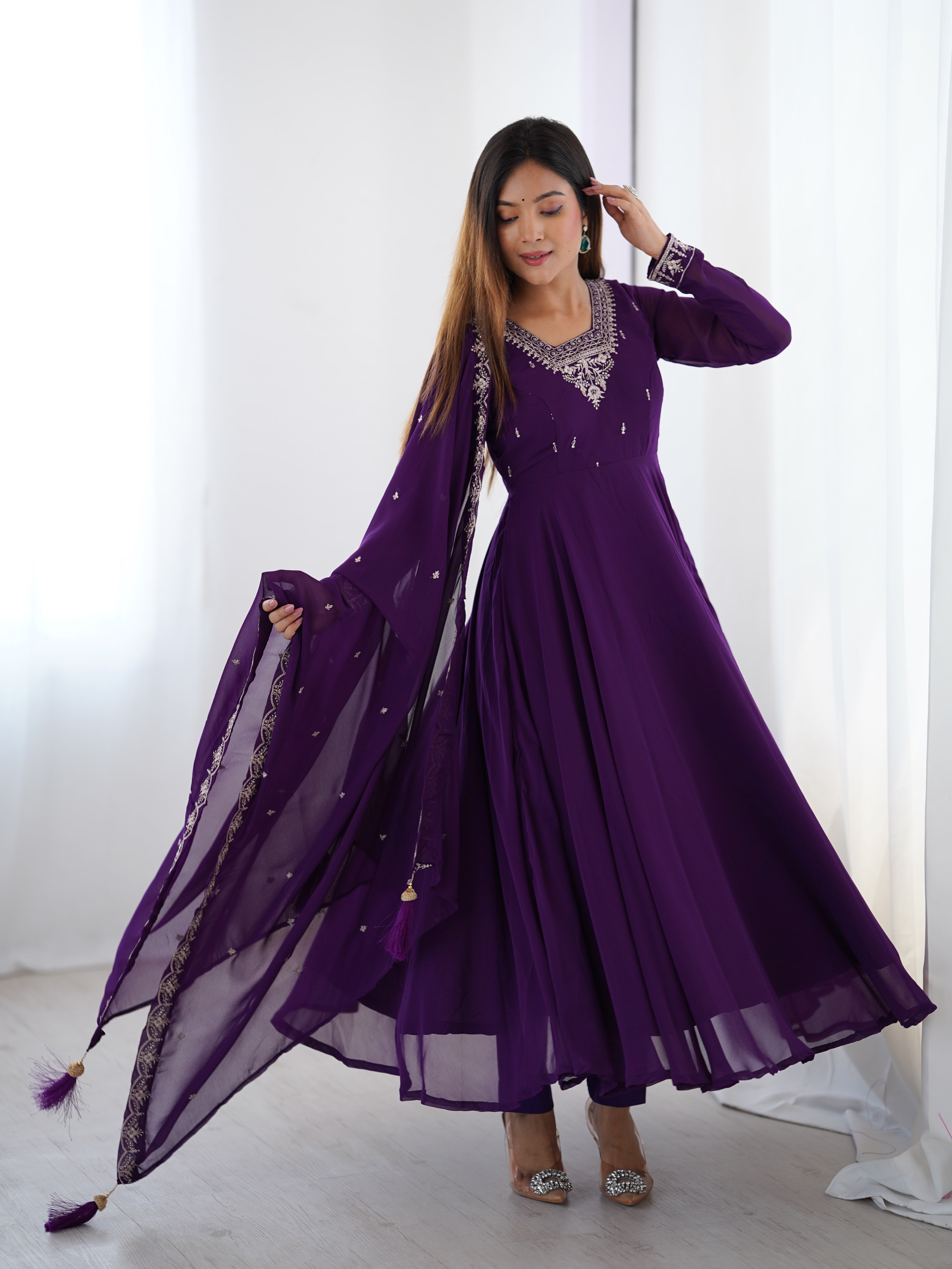 Women's Soft Fox Georgette Anarkali Pant Dupatta Set with Beads and Zari Work