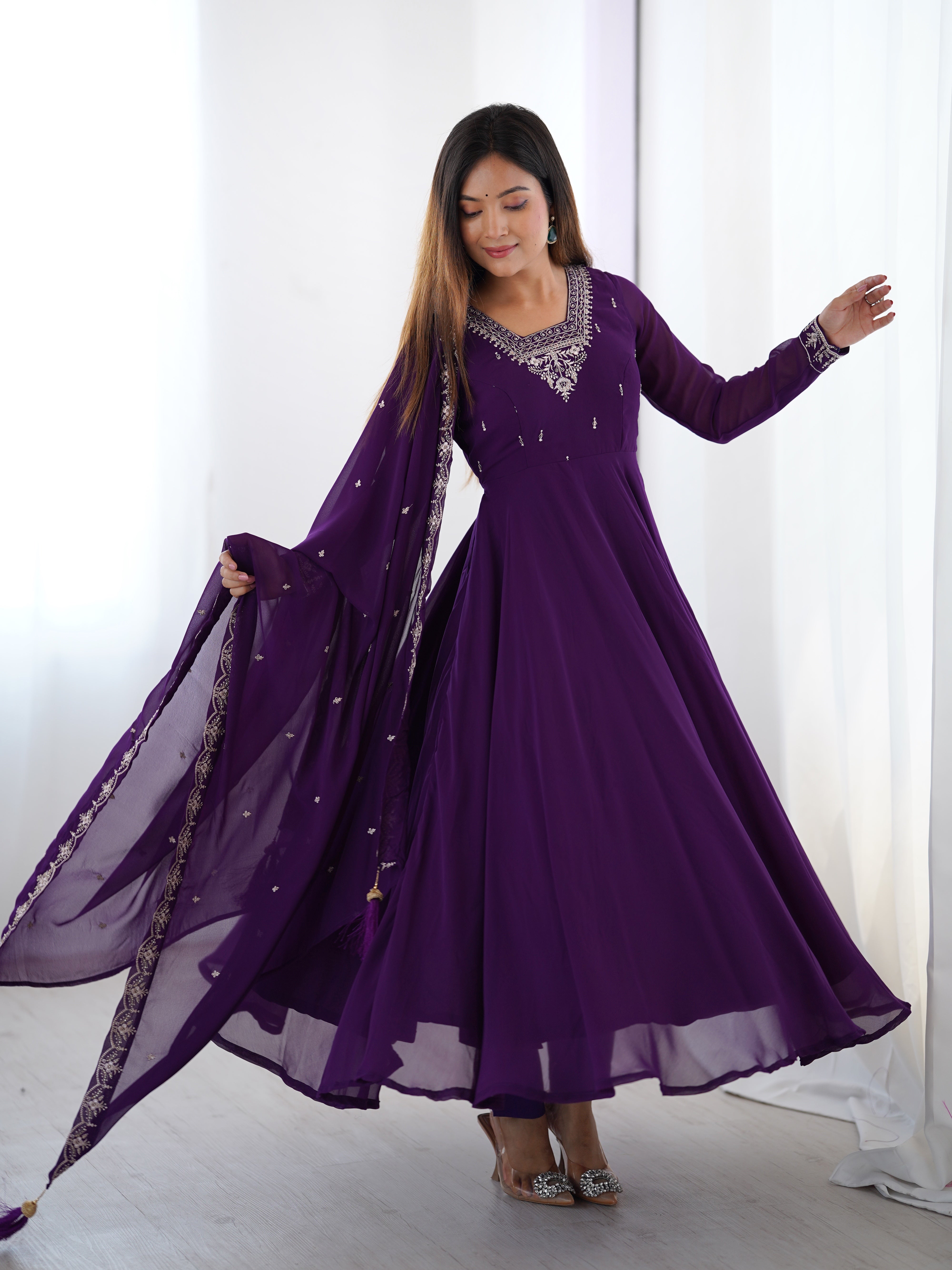 Women's Soft Fox Georgette Anarkali Pant Dupatta Set with Beads and Zari Work