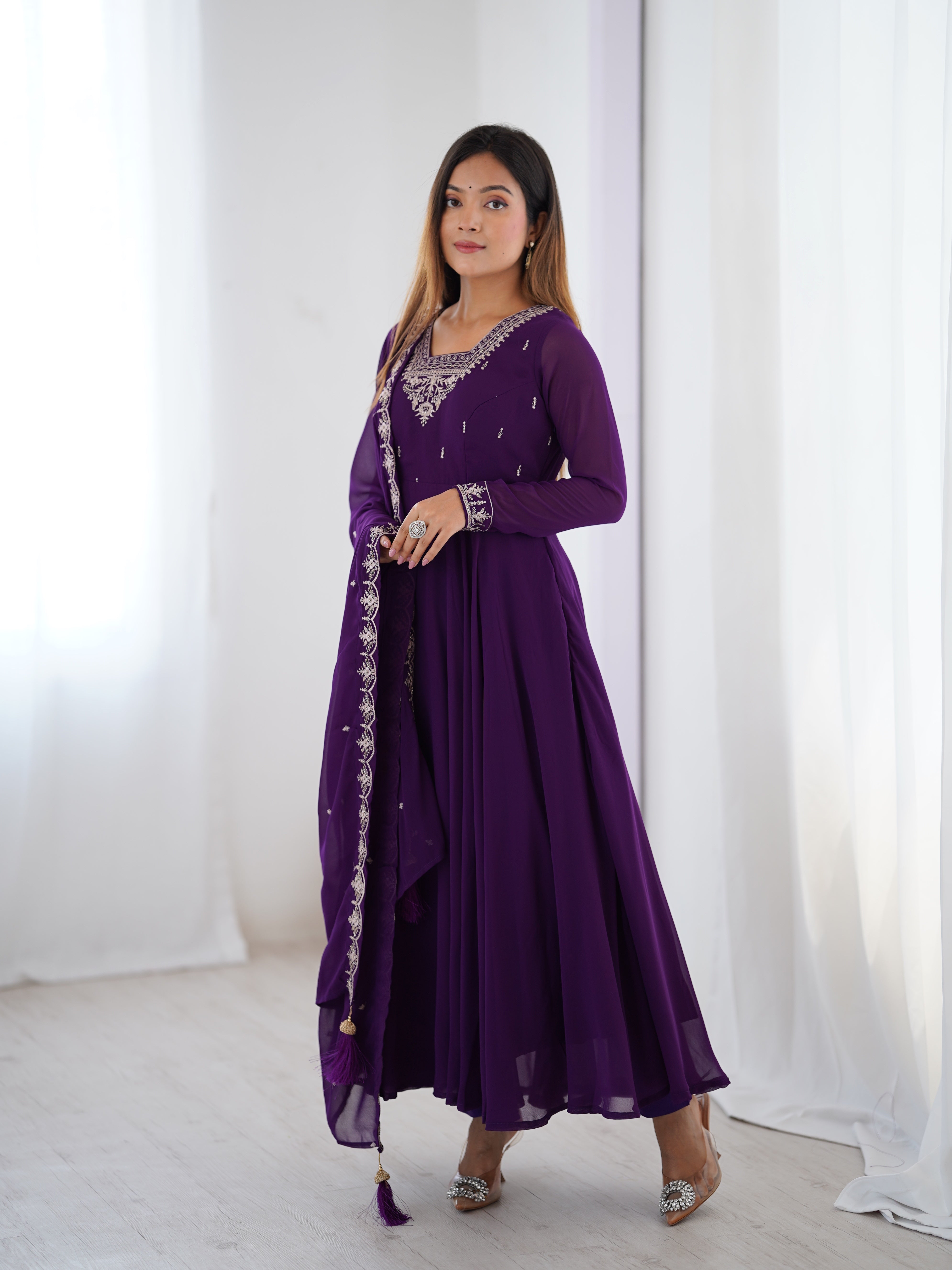 Women's Soft Fox Georgette Anarkali Pant Dupatta Set with Beads and Zari Work