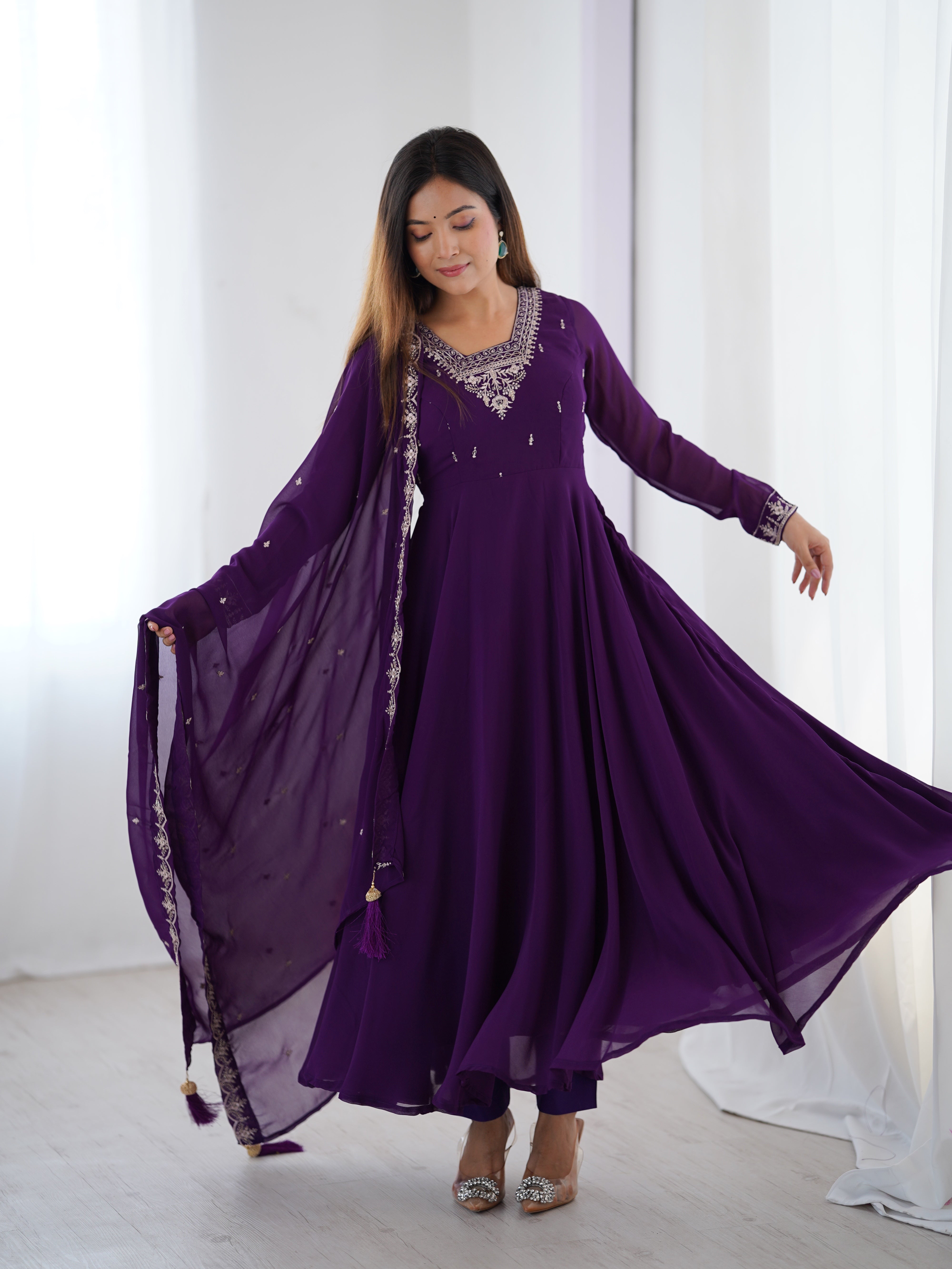 Women's Soft Fox Georgette Anarkali Pant Dupatta Set with Beads and Zari Work