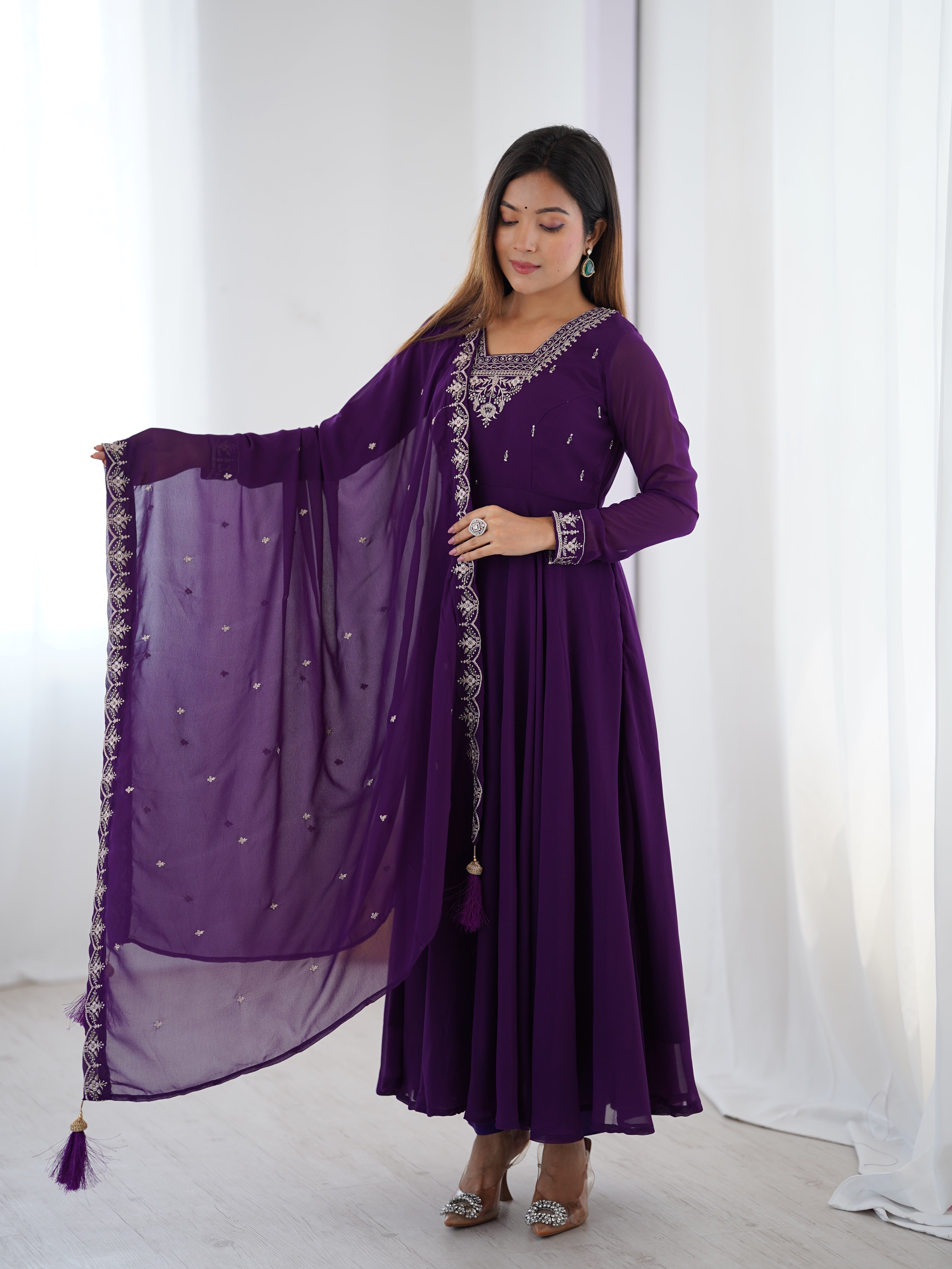 Women's Soft Fox Georgette Anarkali Pant Dupatta Set with Beads and Zari Work