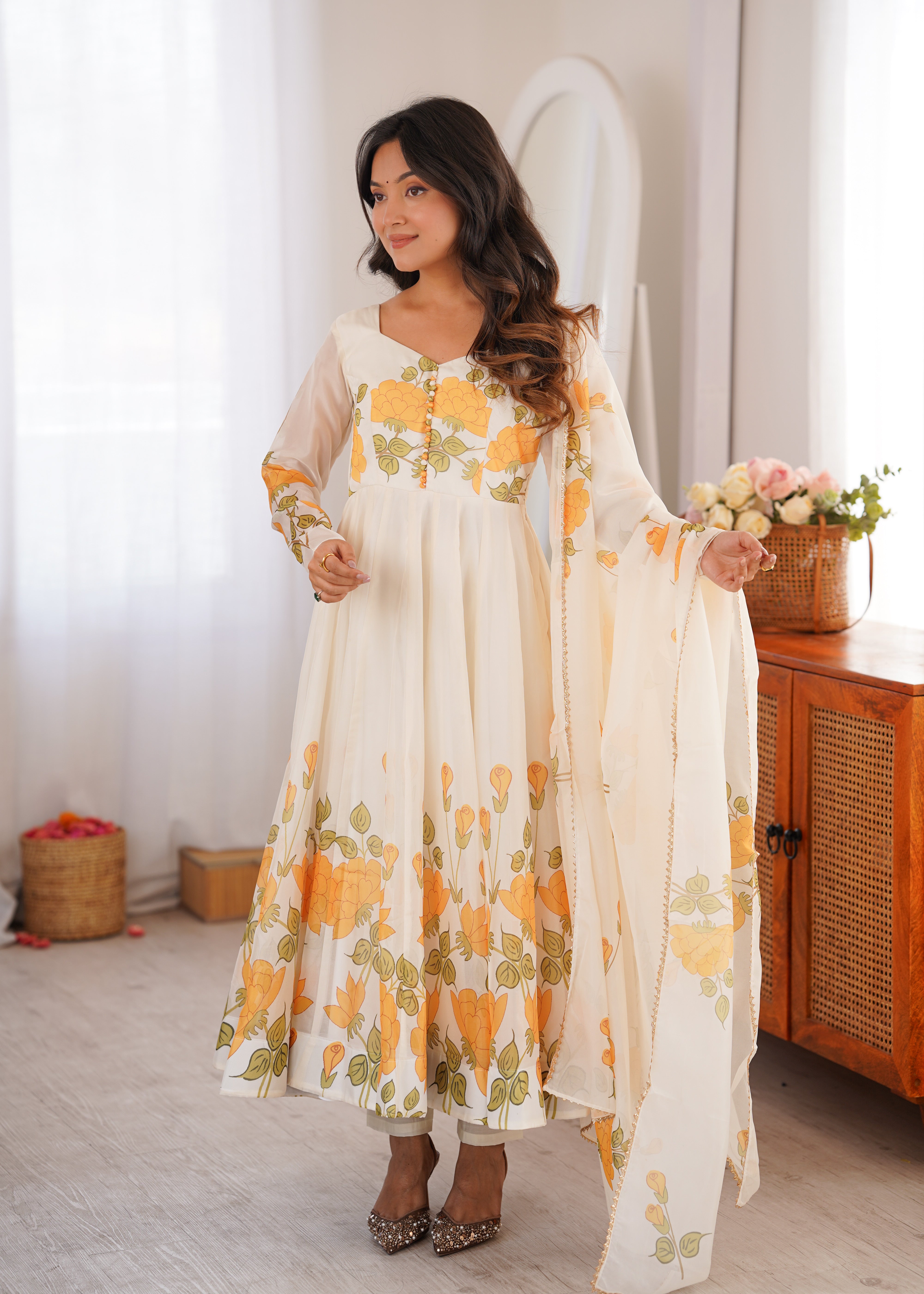 Black Floral Printed Organza Silk Anarkali Suit Set with Dupatta and Pant