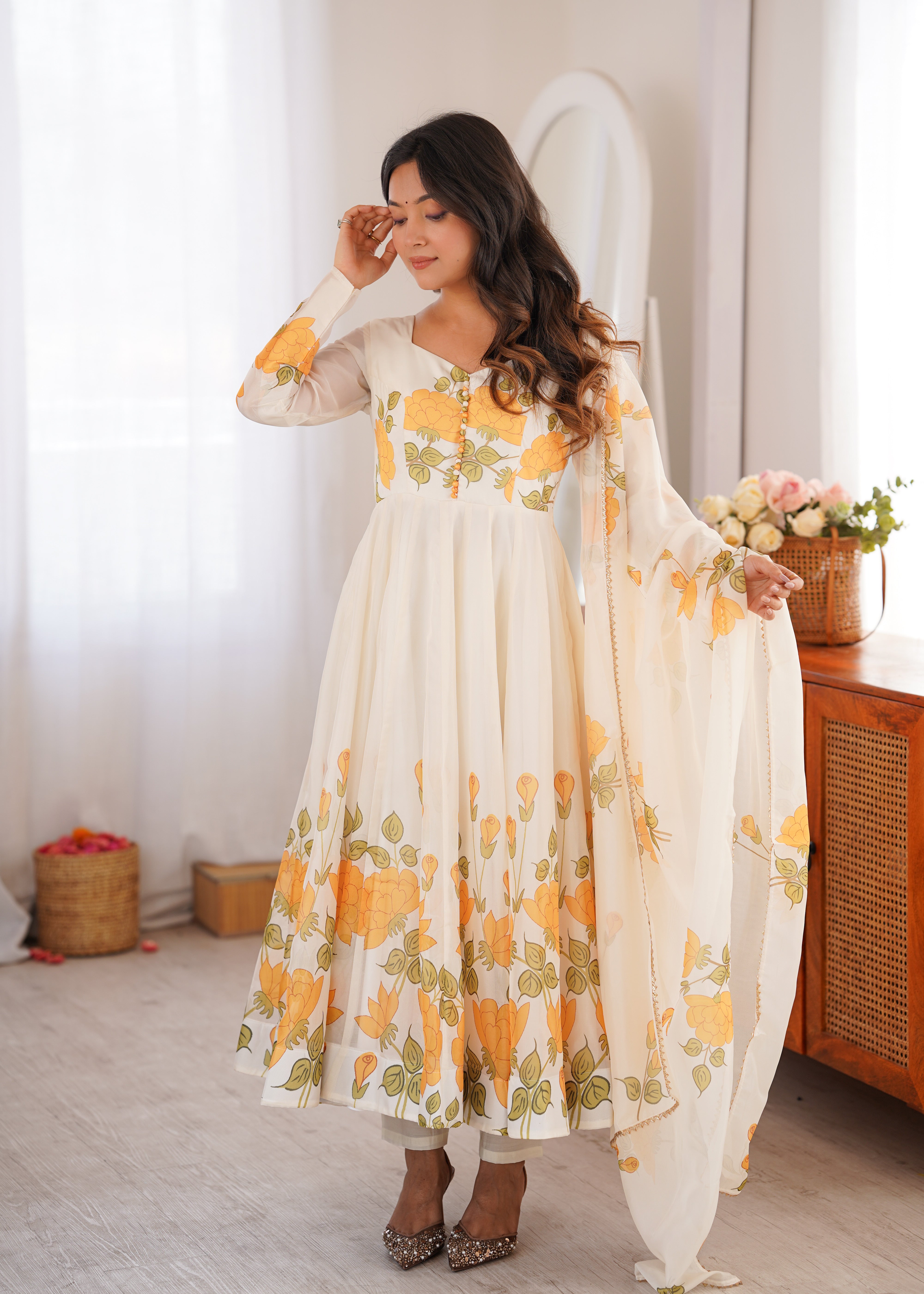 Black Floral Printed Organza Silk Anarkali Suit Set with Dupatta and Pant