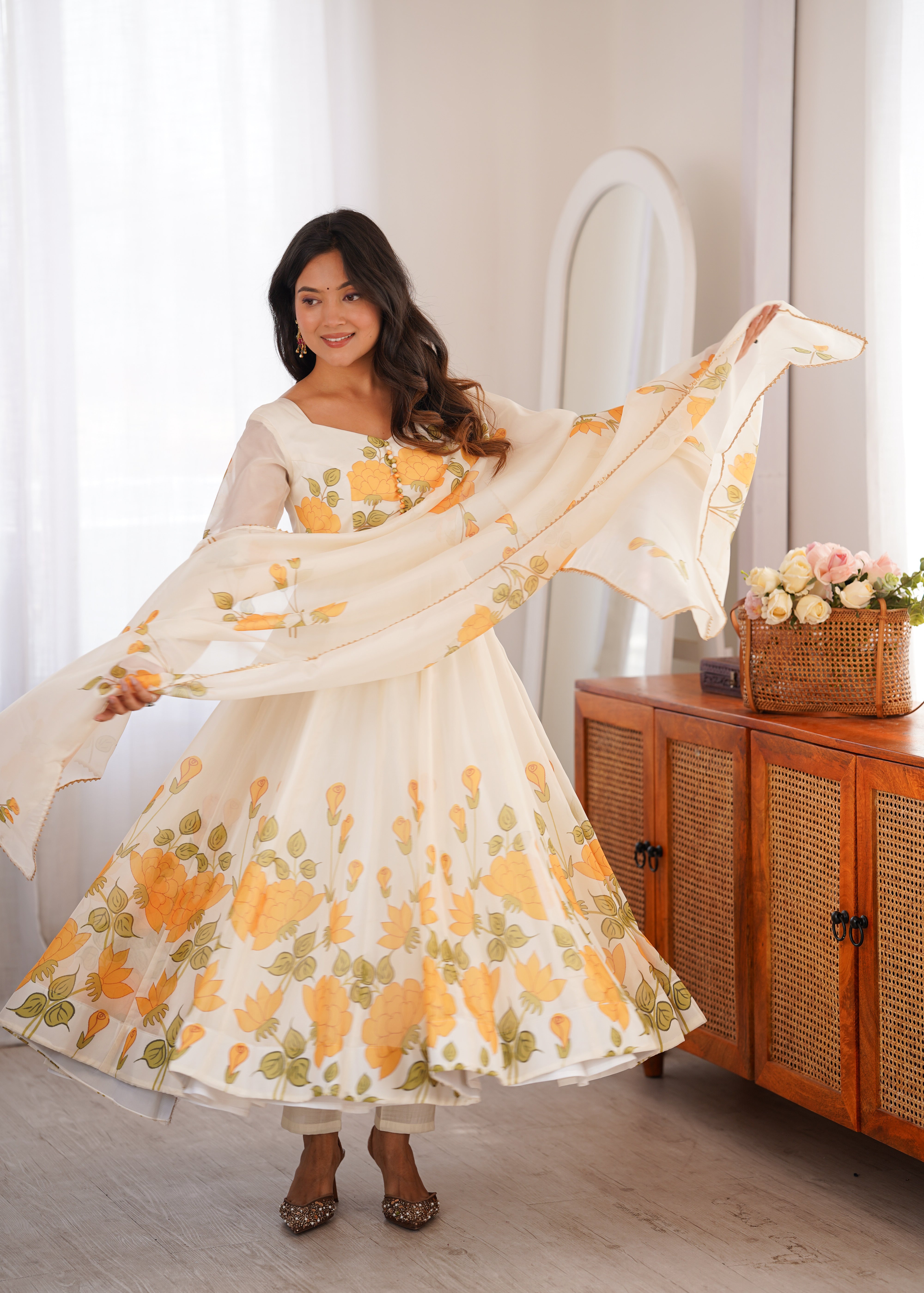 Black Floral Printed Organza Silk Anarkali Suit Set with Dupatta and Pant