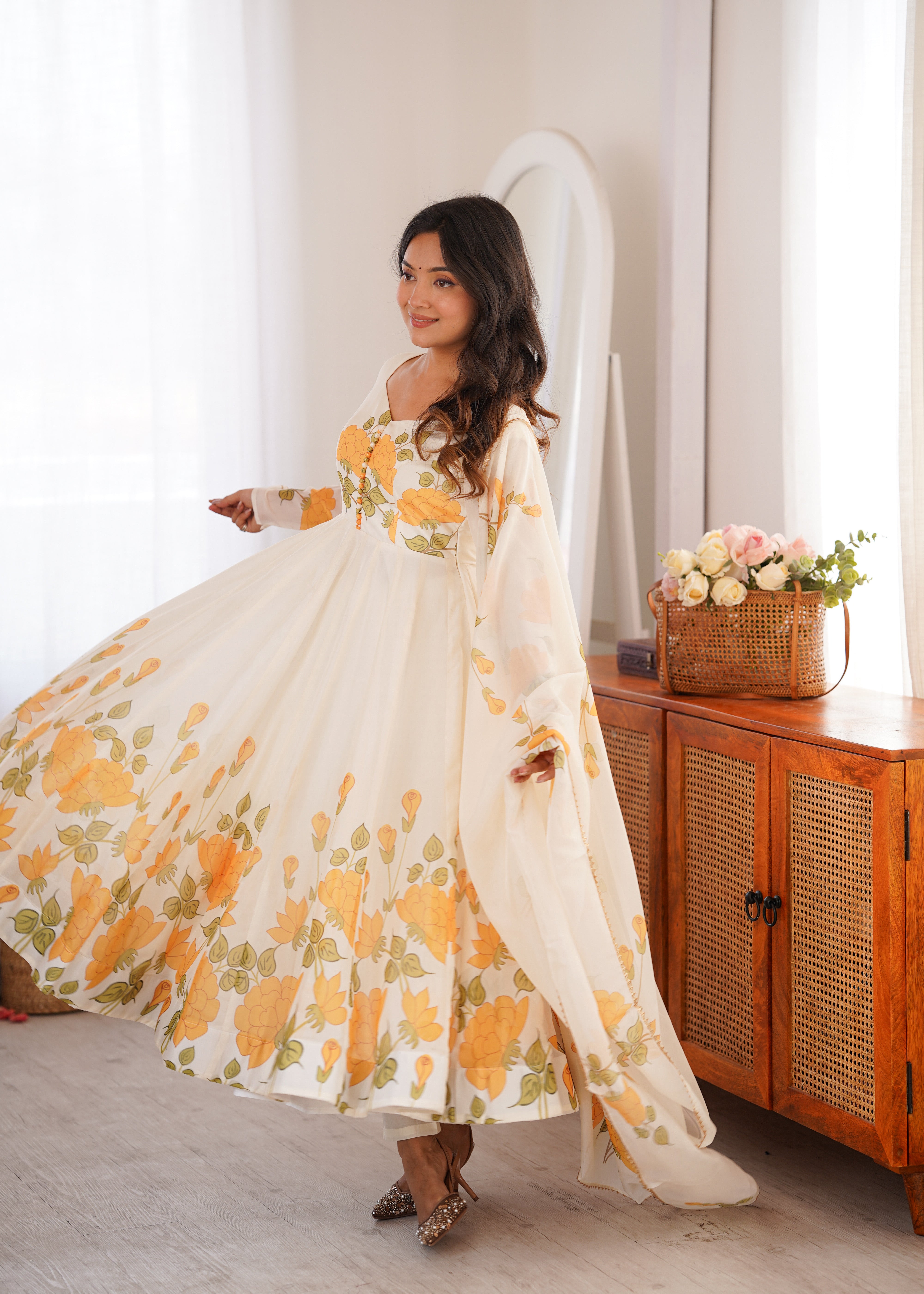 Black Floral Printed Organza Silk Anarkali Suit Set with Dupatta and Pant