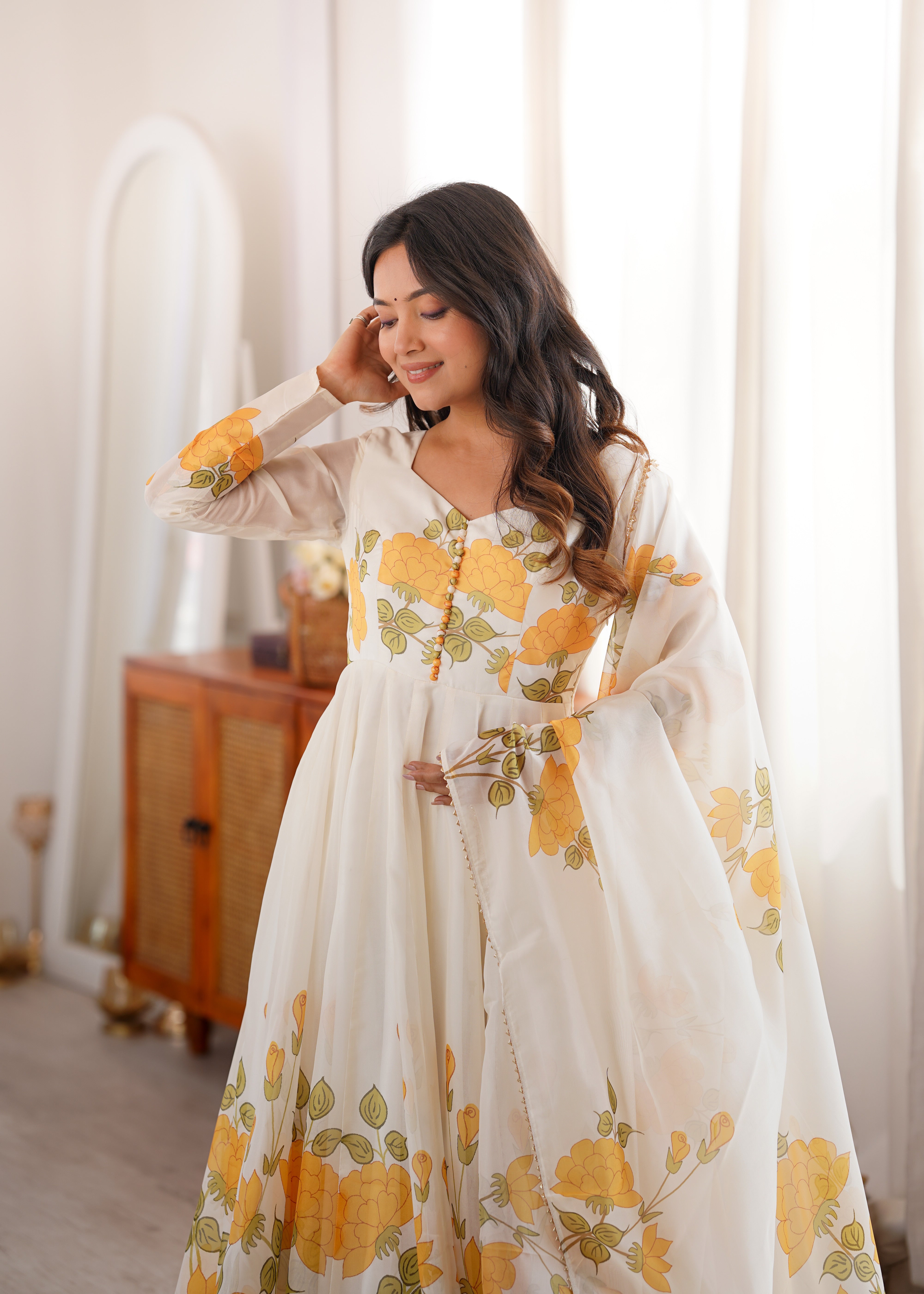 Black Floral Printed Organza Silk Anarkali Suit Set with Dupatta and Pant