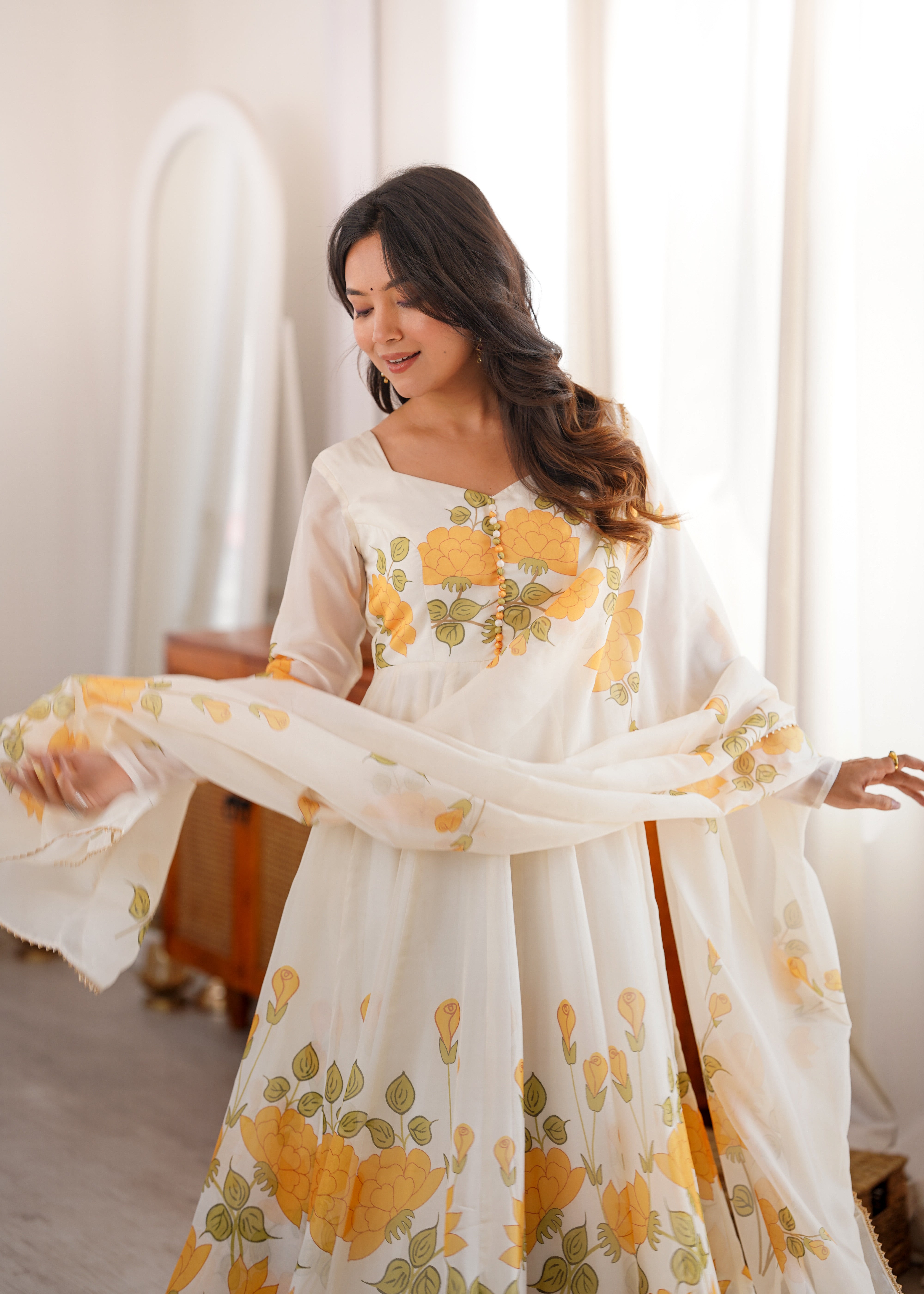 Black Floral Printed Organza Silk Anarkali Suit Set with Dupatta and Pant