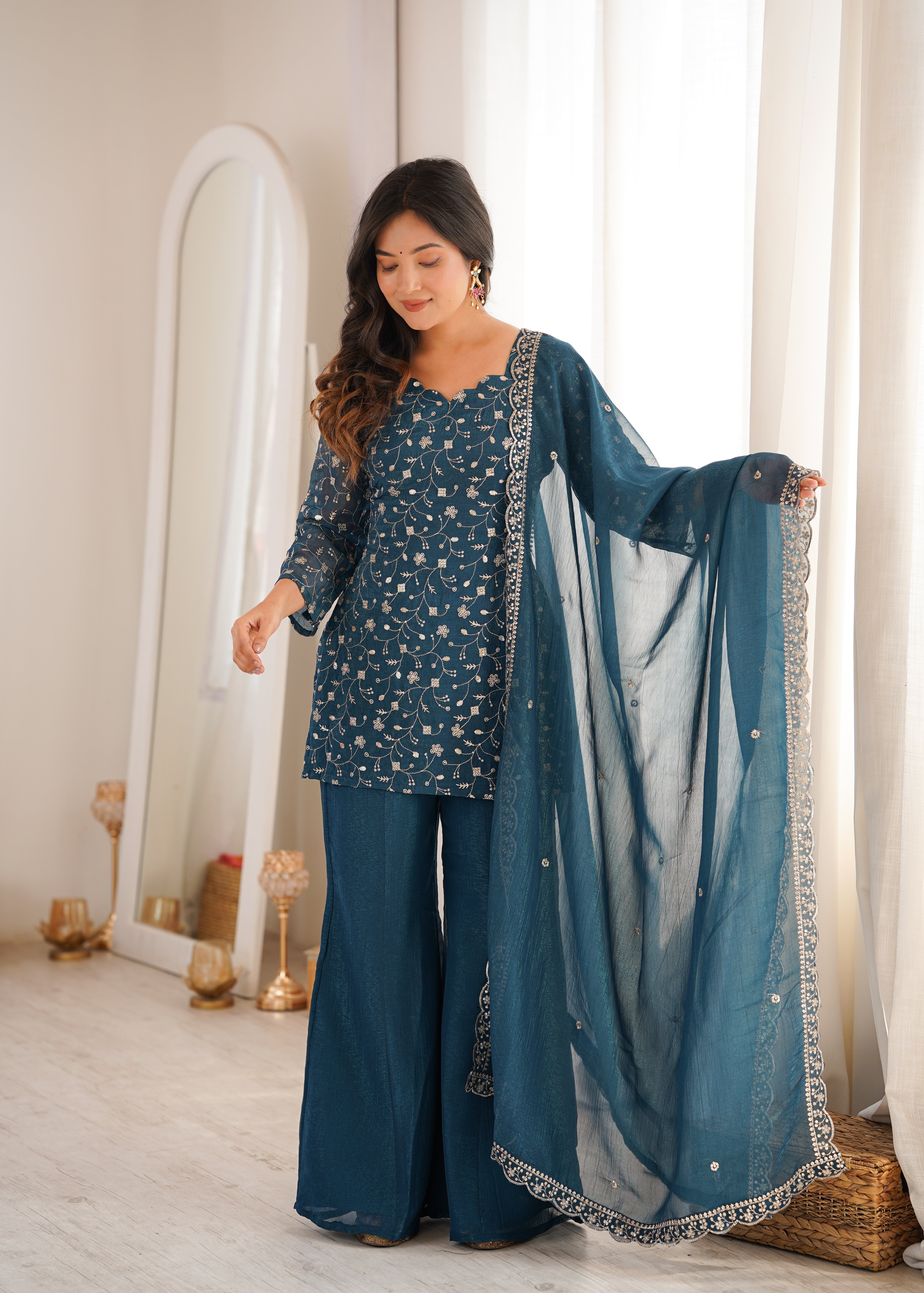 Women's Crunchy Silk Embroidered Kurta Set with Bell Bottom Pant and Dupatta