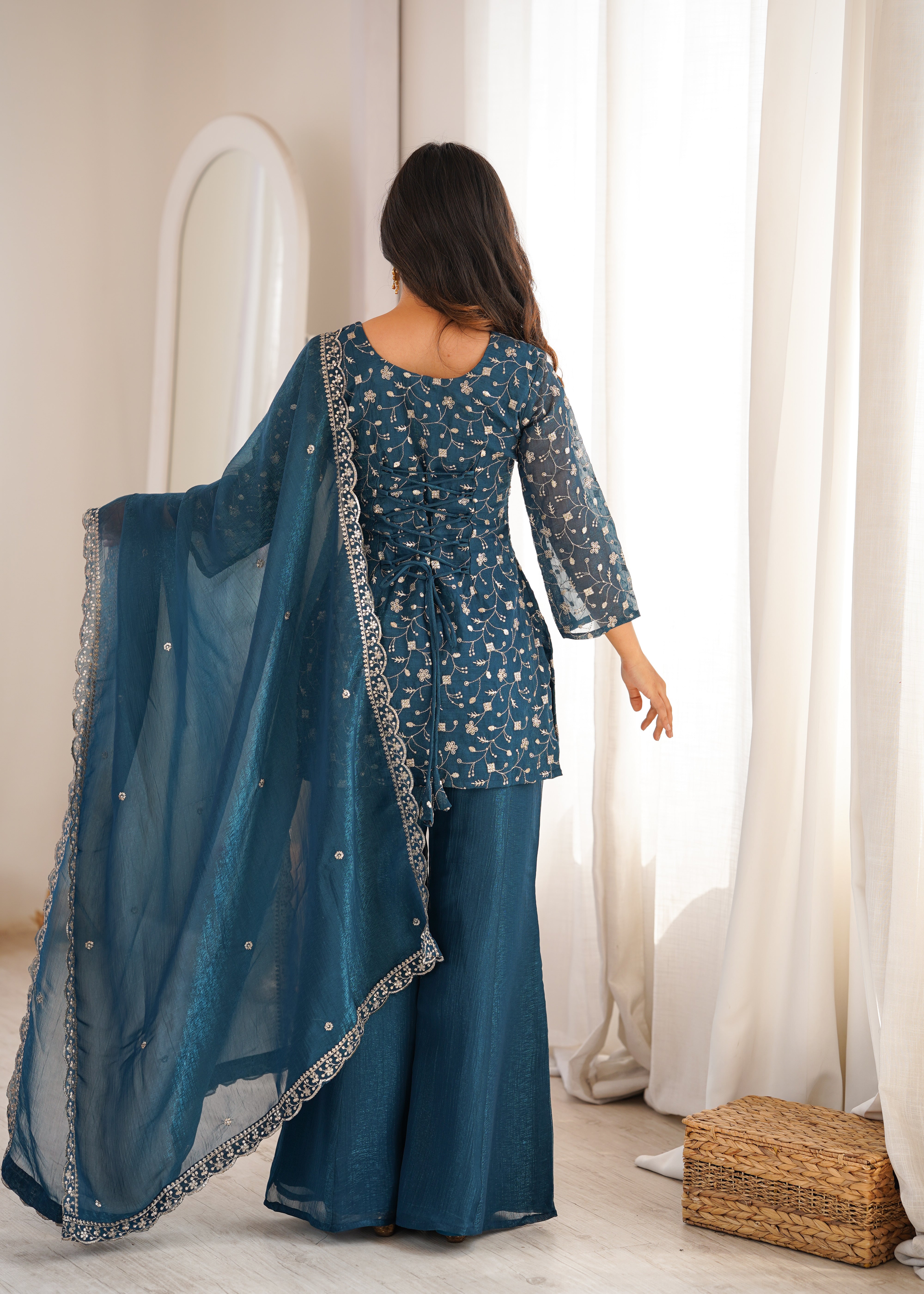 Women's Crunchy Silk Embroidered Kurta Set with Bell Bottom Pant and Dupatta