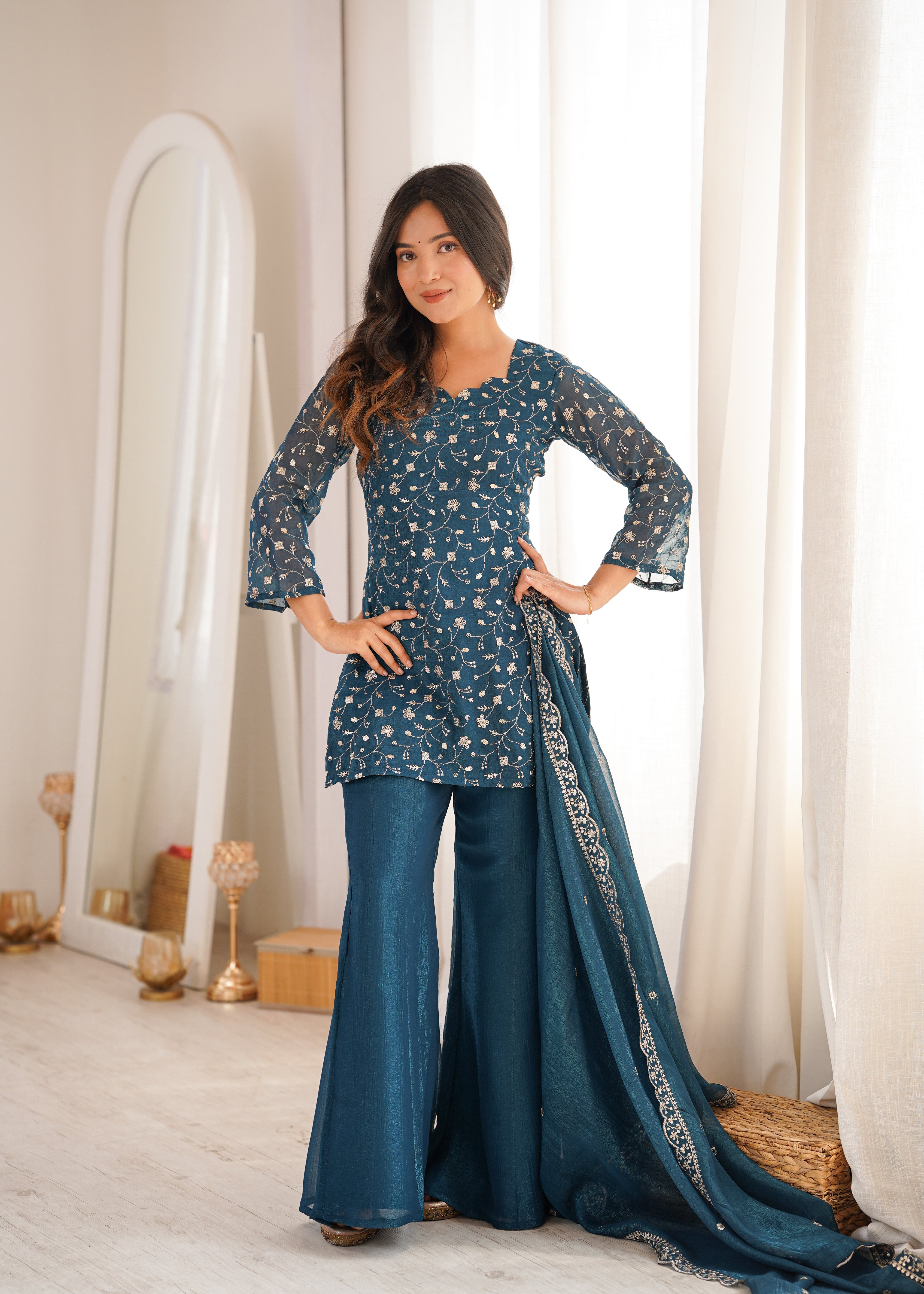 Women's Crunchy Silk Embroidered Kurta Set with Bell Bottom Pant and Dupatta