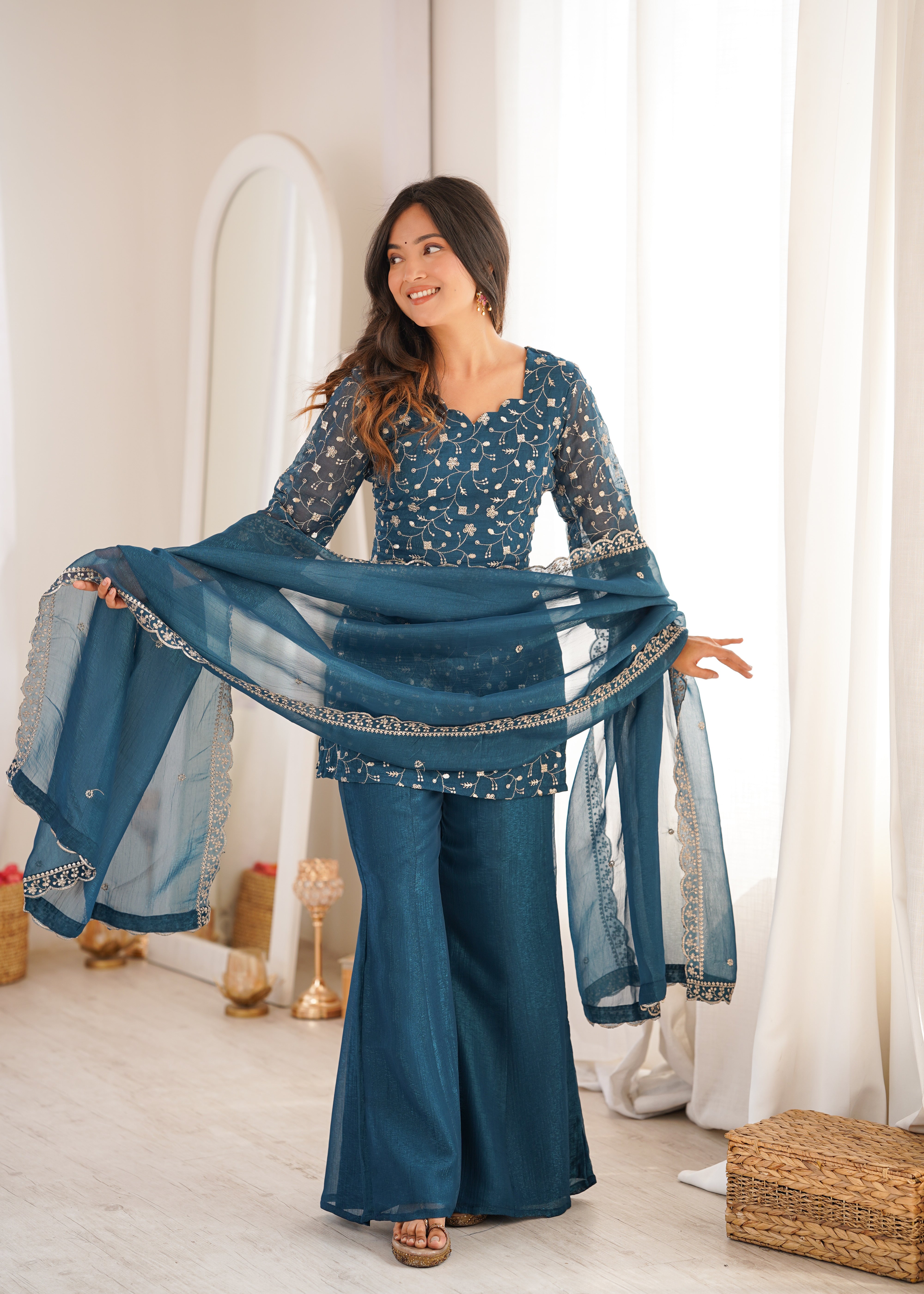 Women's Crunchy Silk Embroidered Kurta Set with Bell Bottom Pant and Dupatta