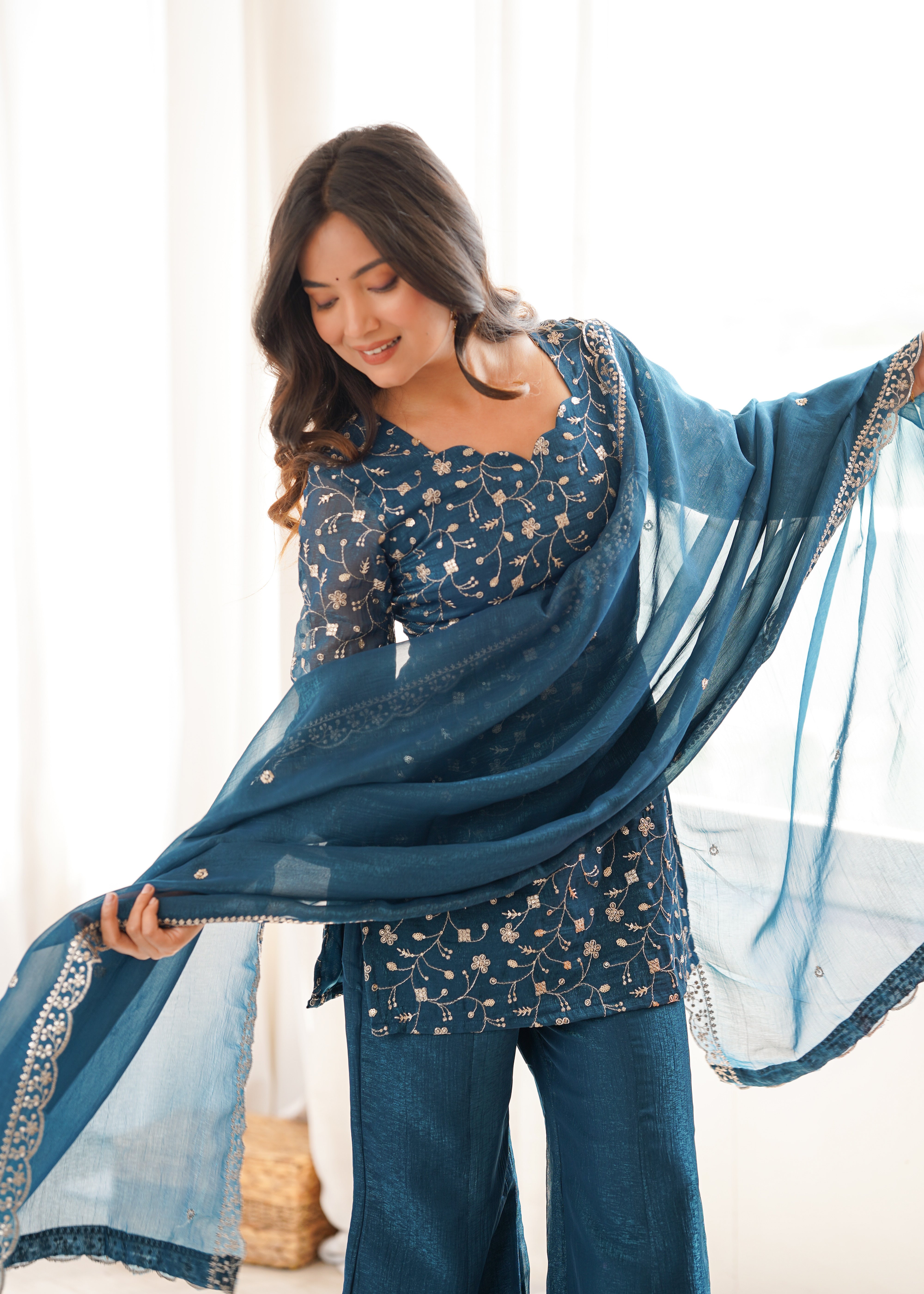 Women's Crunchy Silk Embroidered Kurta Set with Bell Bottom Pant and Dupatta