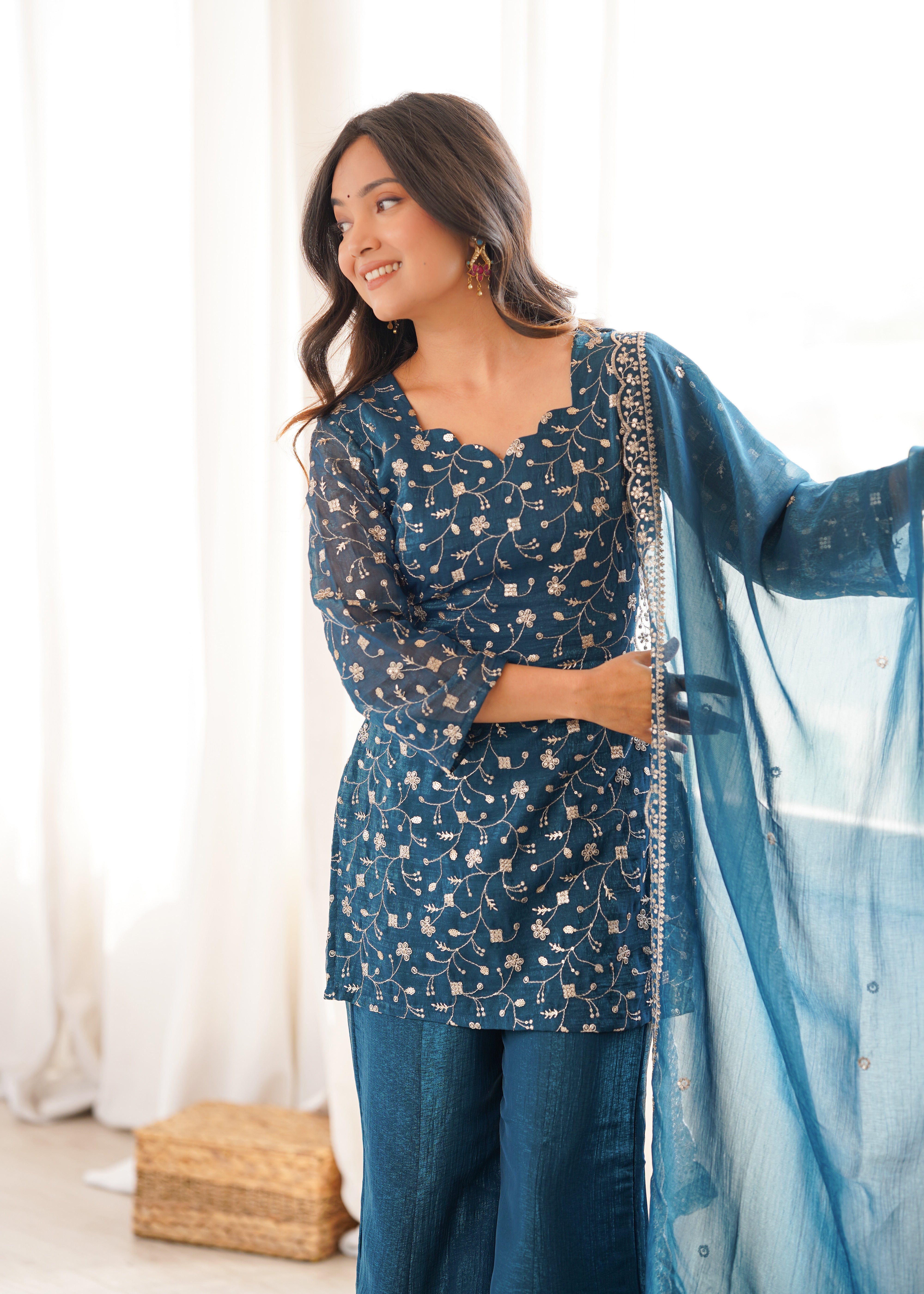 Women's Crunchy Silk Embroidered Kurta Set with Bell Bottom Pant and Dupatta