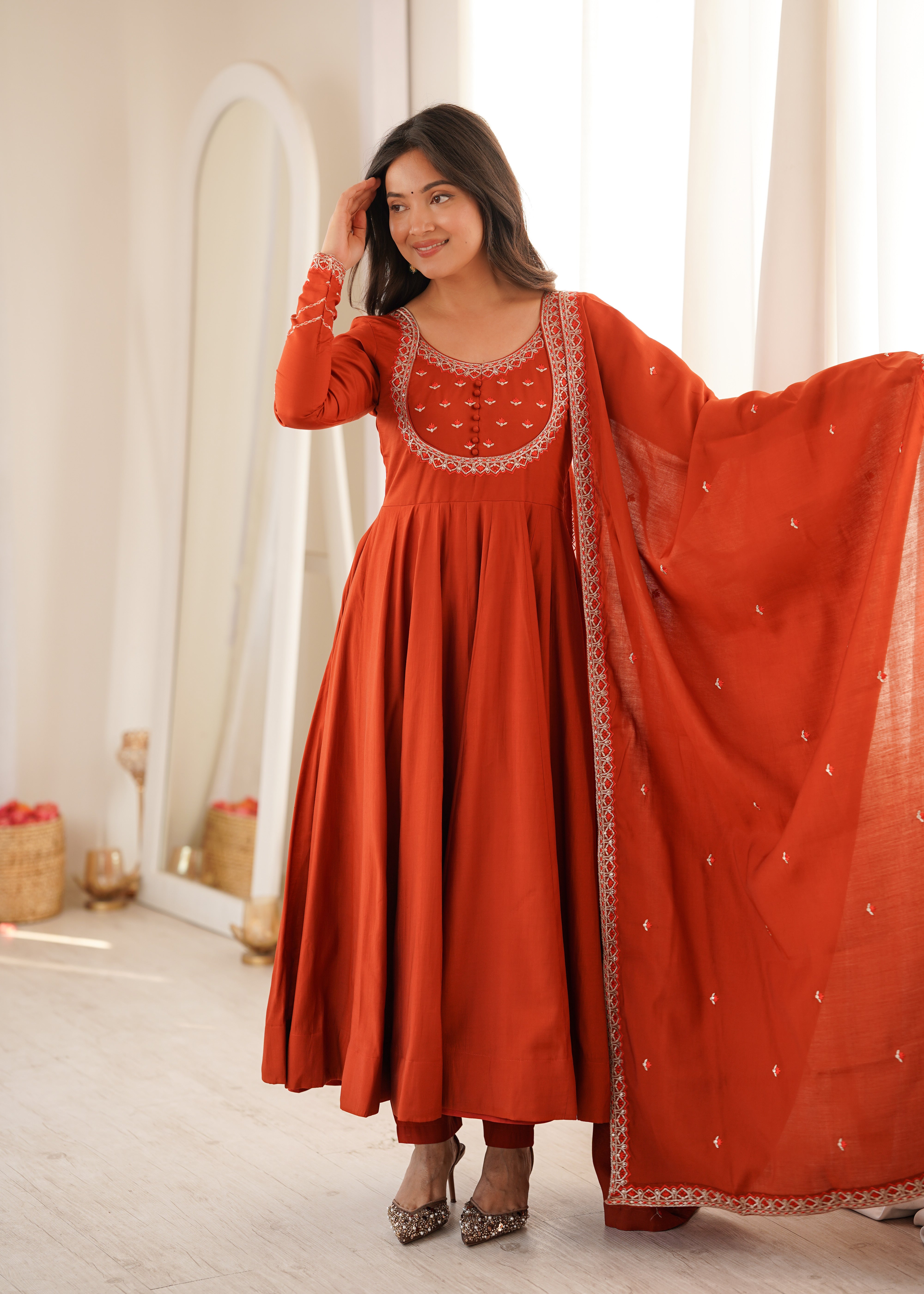 Women's Pure Roman Chanderi Silk Full Flare Anarkali Suit Set with Pant and Dupatta
