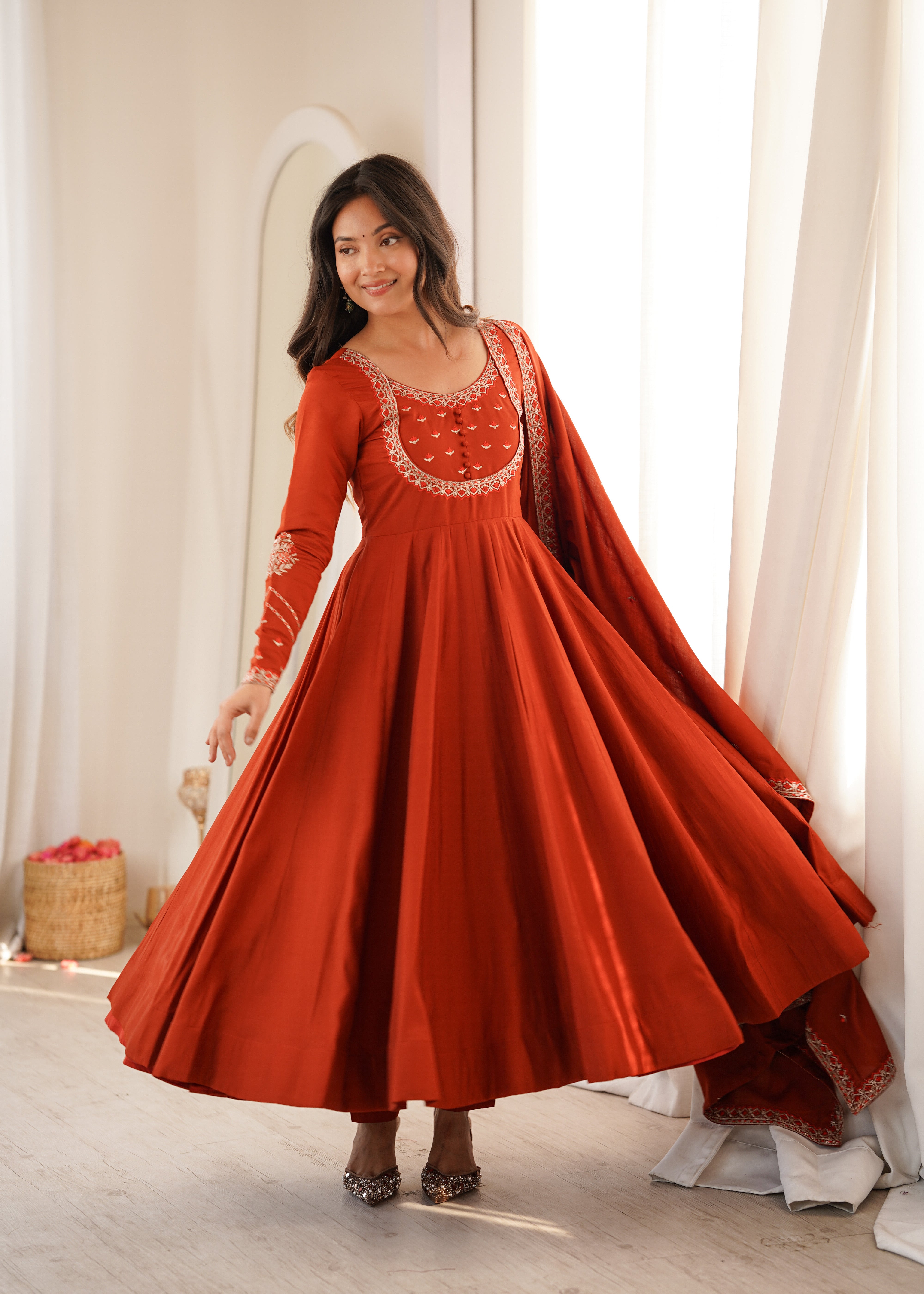 Women's Pure Roman Chanderi Silk Full Flare Anarkali Suit Set with Pant and Dupatta