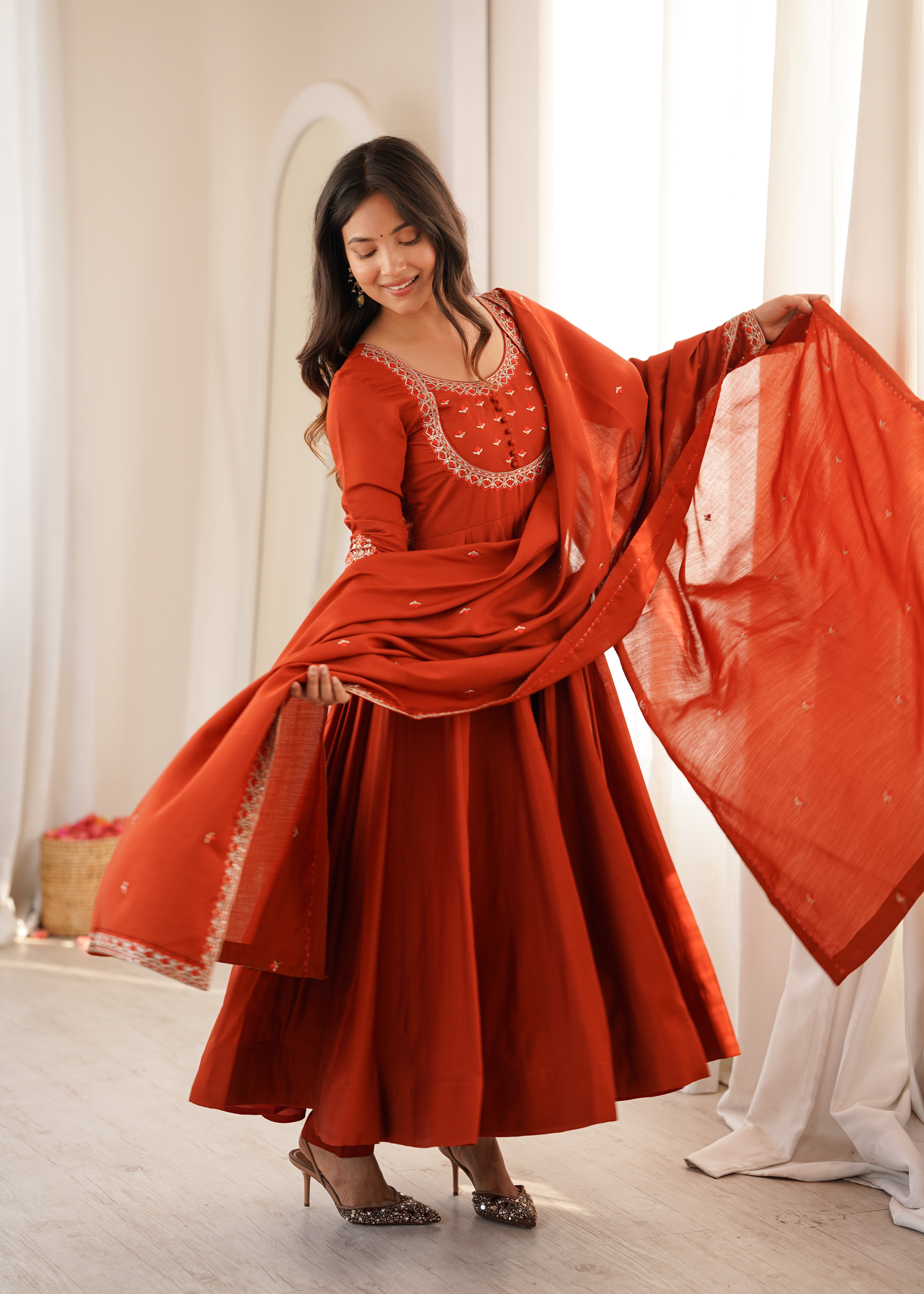 Women's Pure Roman Chanderi Silk Full Flare Anarkali Suit Set with Pant and Dupatta