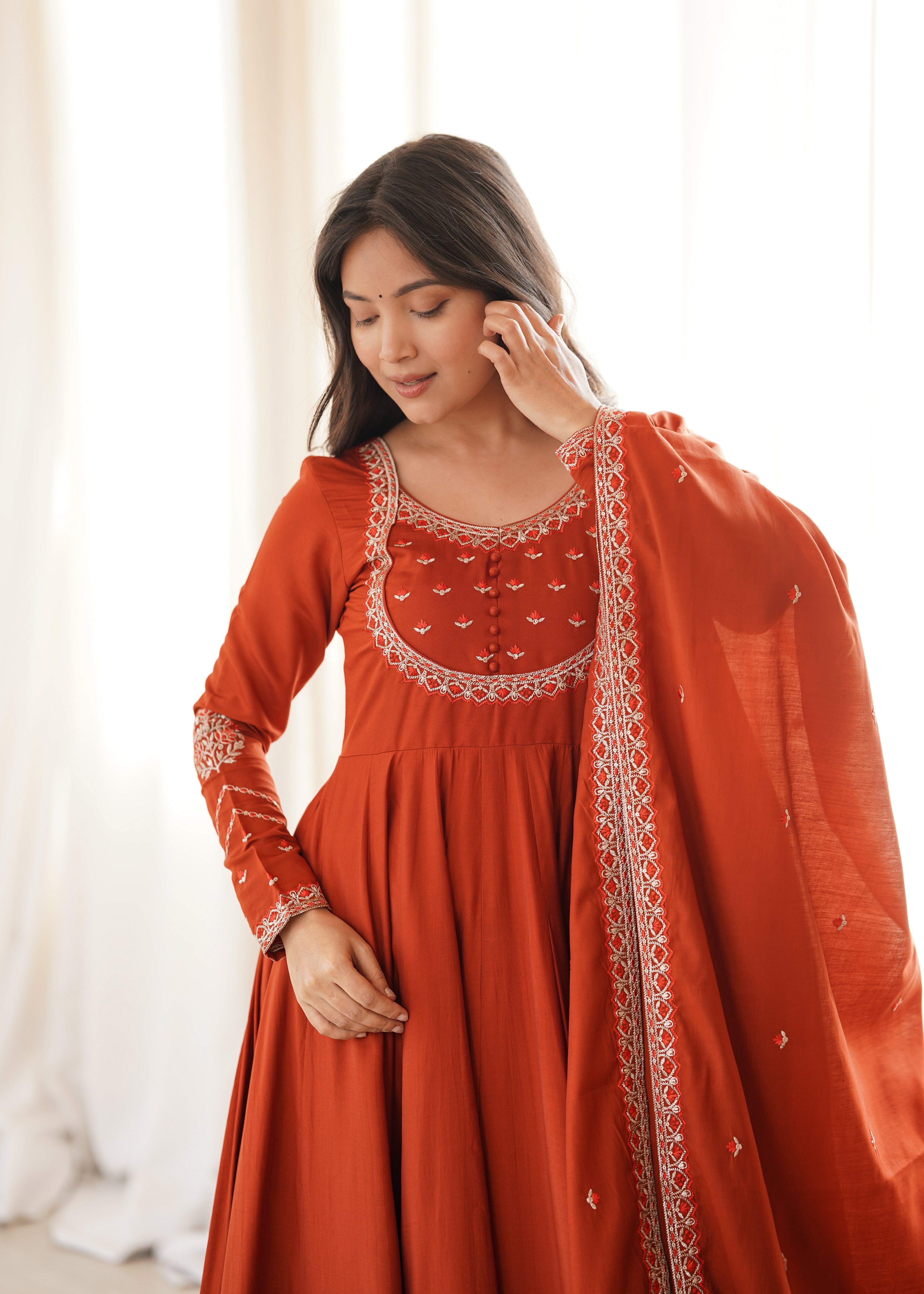 Women's Pure Roman Chanderi Silk Full Flare Anarkali Suit Set with Pant and Dupatta