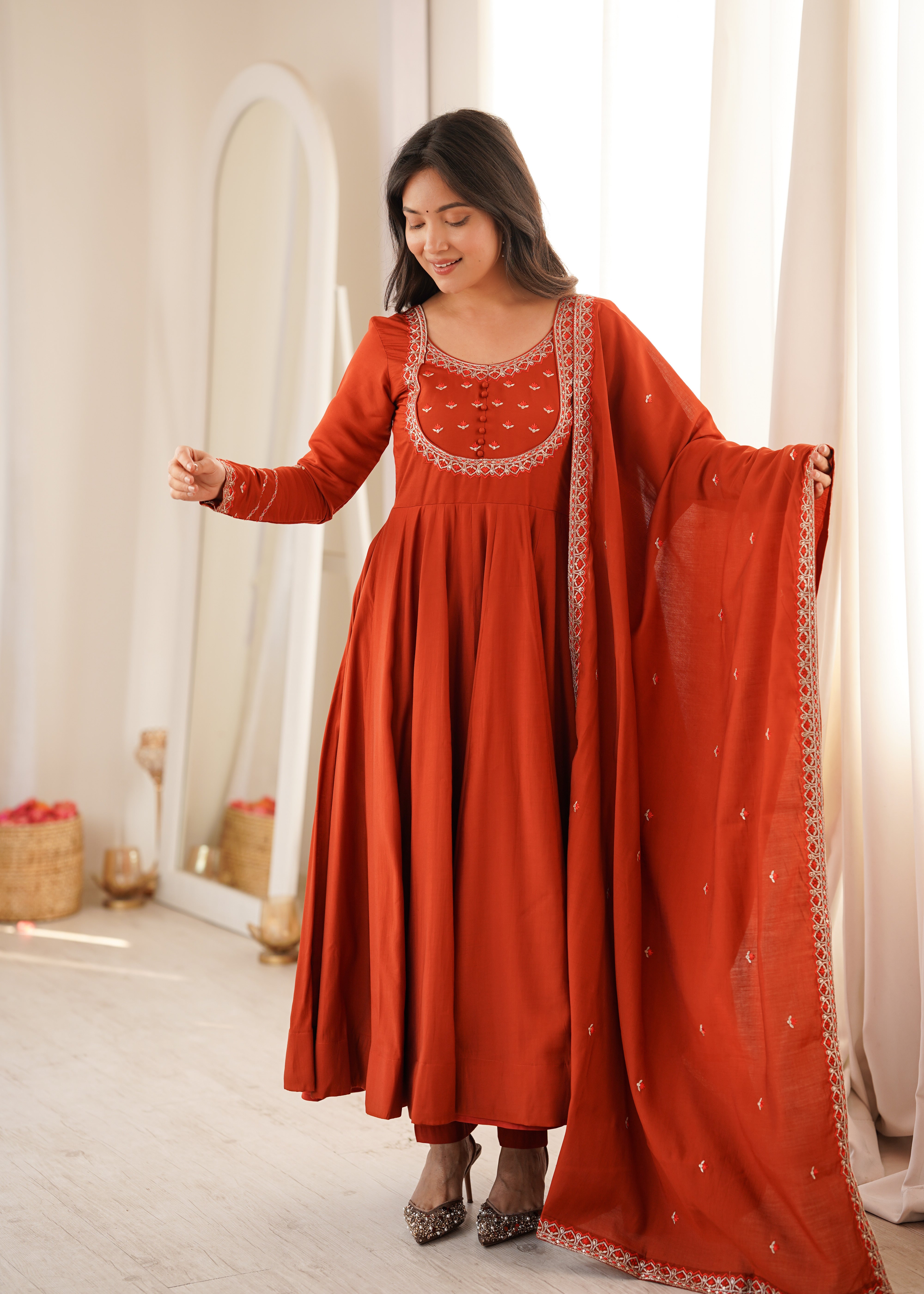 Women's Pure Roman Chanderi Silk Full Flare Anarkali Suit Set with Pant and Dupatta