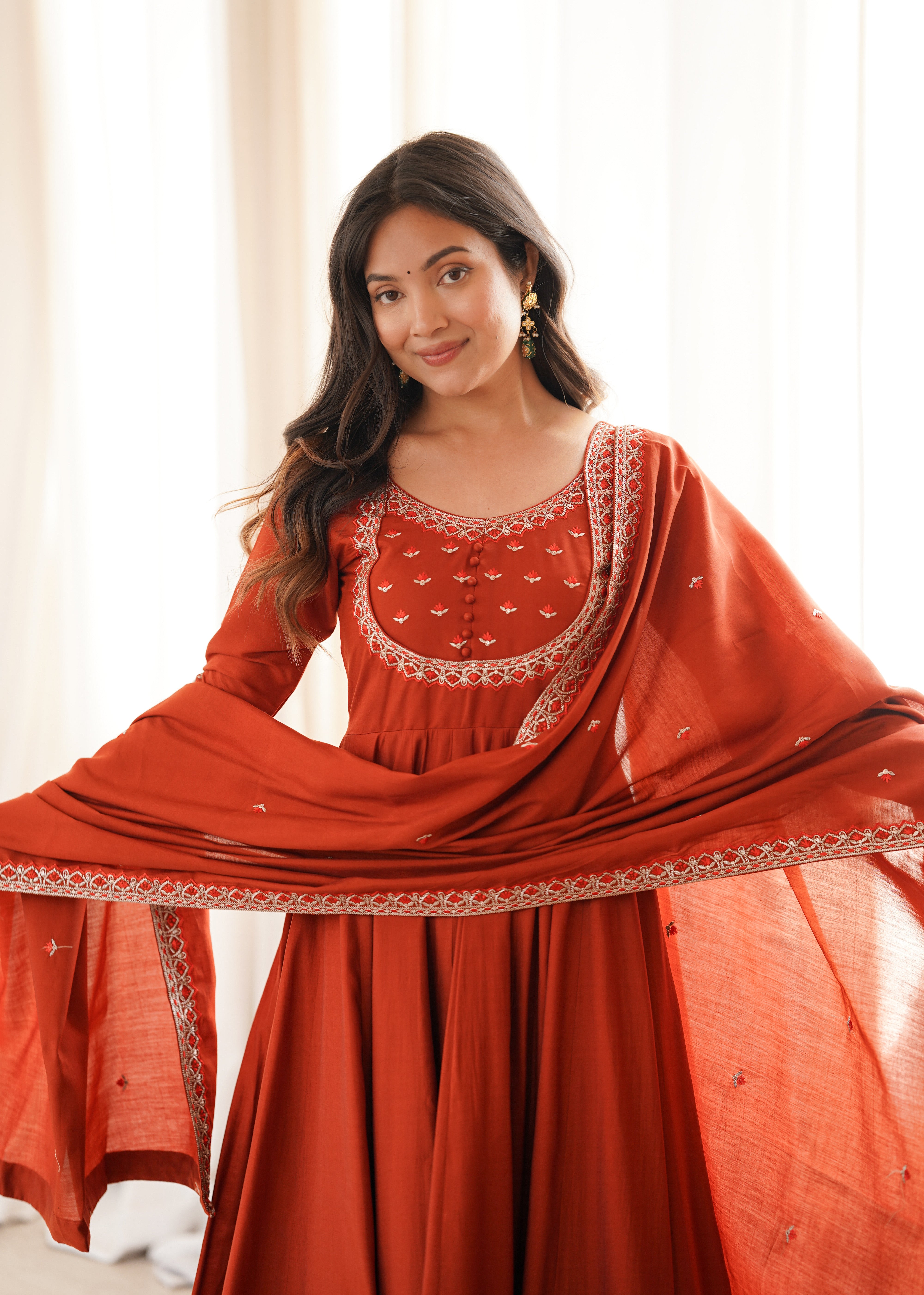 Women's Pure Roman Chanderi Silk Full Flare Anarkali Suit Set with Pant and Dupatta