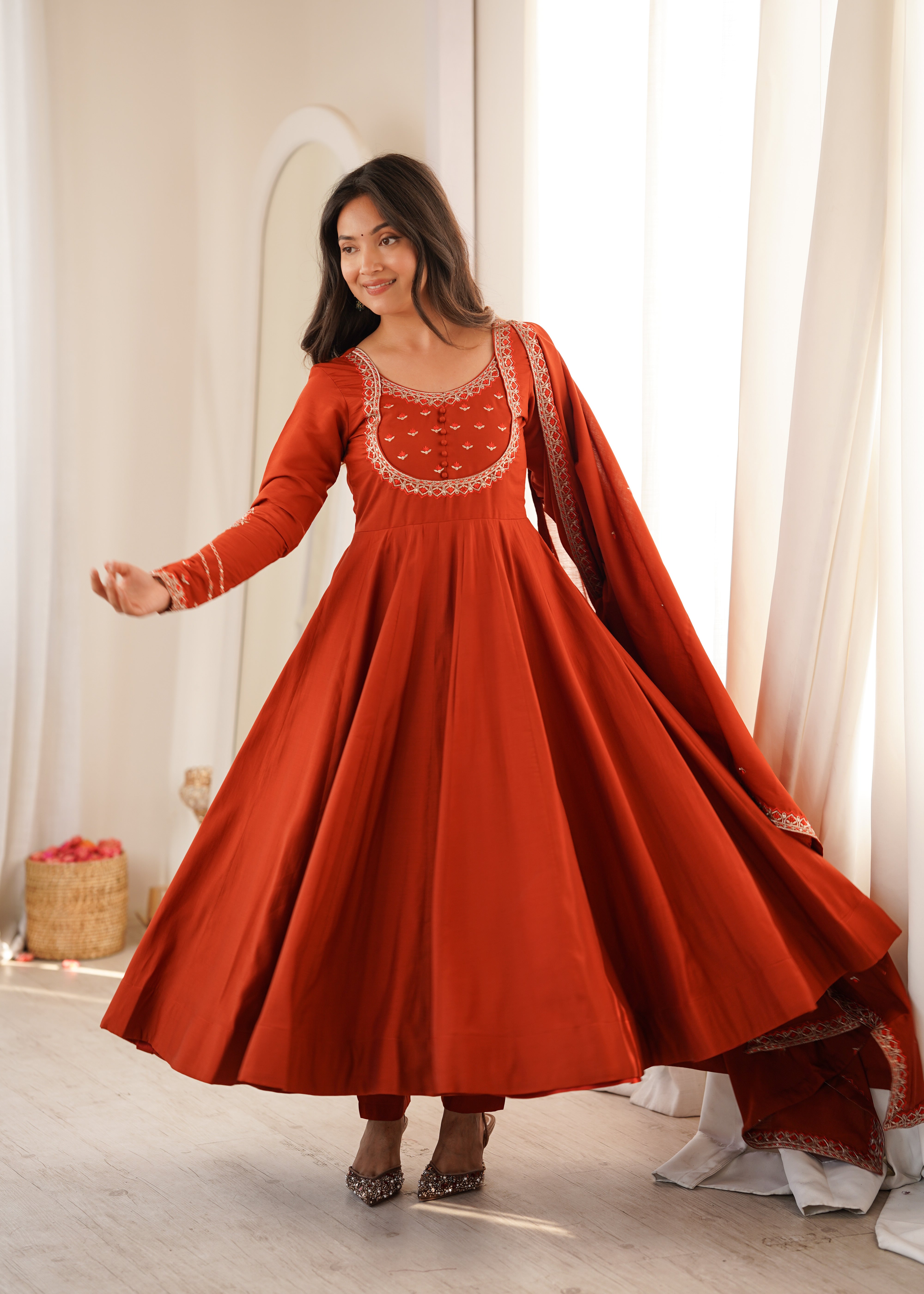 Women's Pure Roman Chanderi Silk Full Flare Anarkali Suit Set with Pant and Dupatta