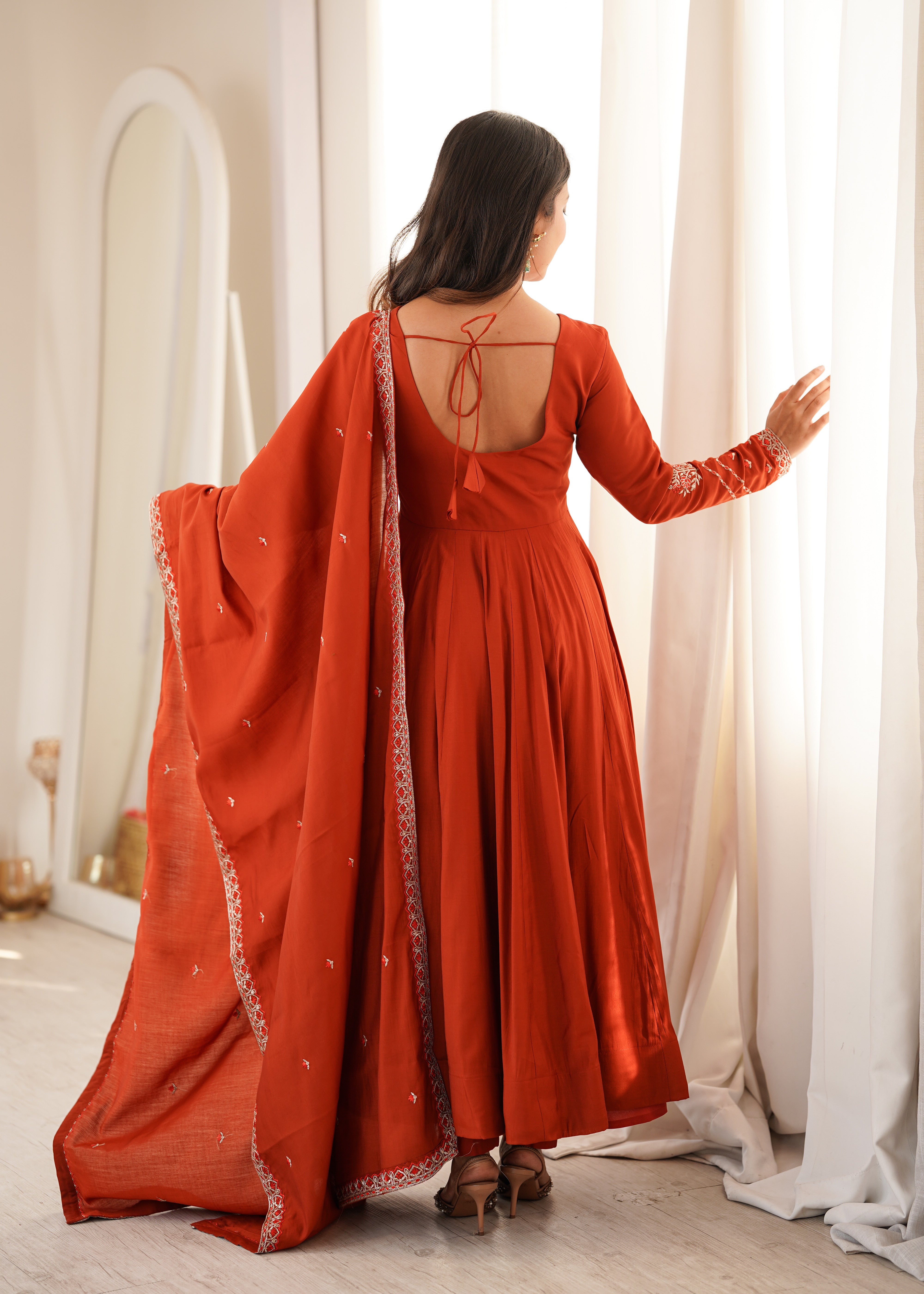 Women's Pure Roman Chanderi Silk Full Flare Anarkali Suit Set with Pant and Dupatta