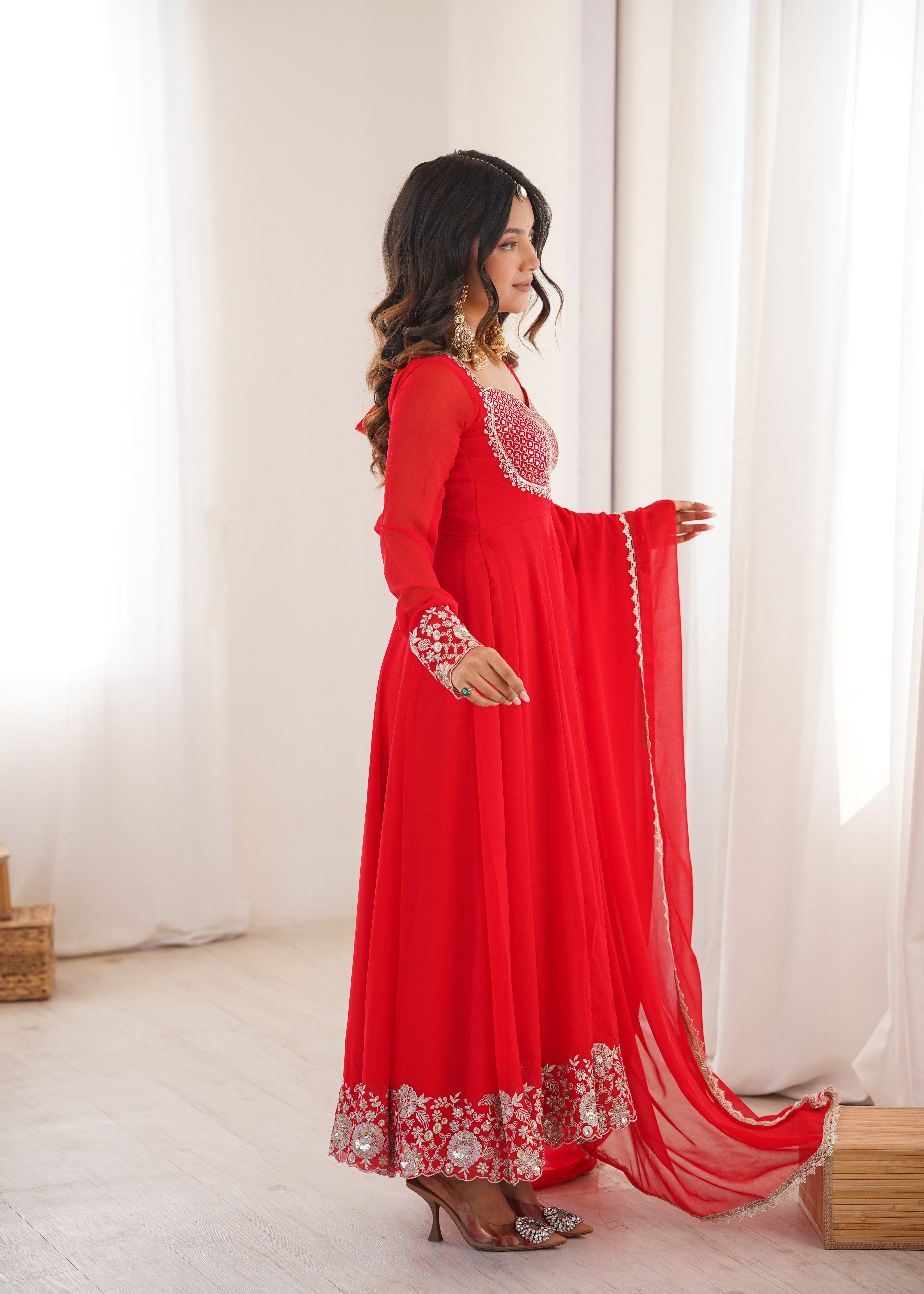 Heavy Faux Georgette Embroidered Anarkali Suit with Pant & Lace Dupatta
