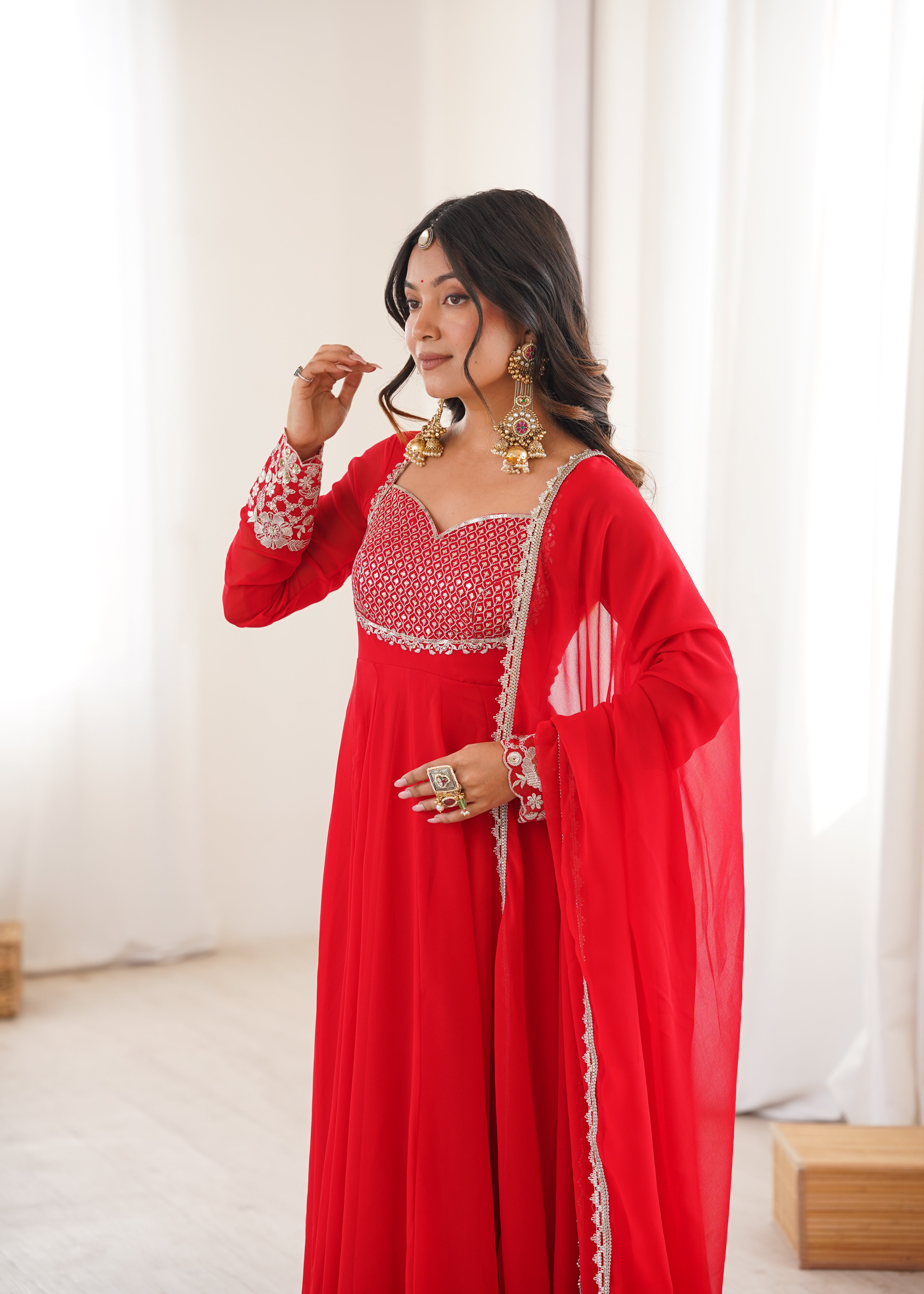 Heavy Faux Georgette Embroidered Anarkali Suit with Pant & Lace Dupatta